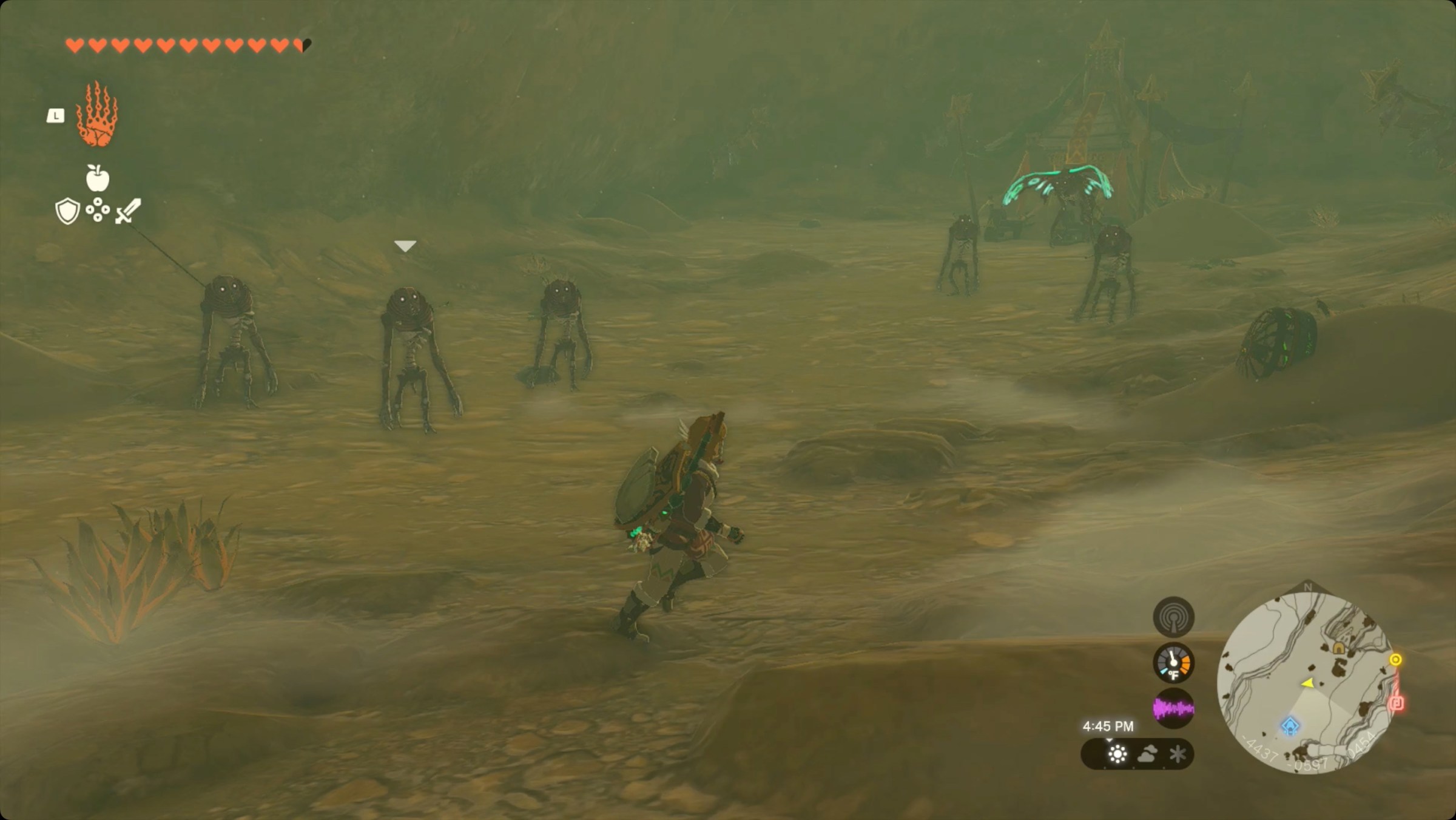 The Legend of Zelda: Tears of the Kingdom Link inside the Statue of the Eighth Heroine Cave about to be attacked by many Gibdos.