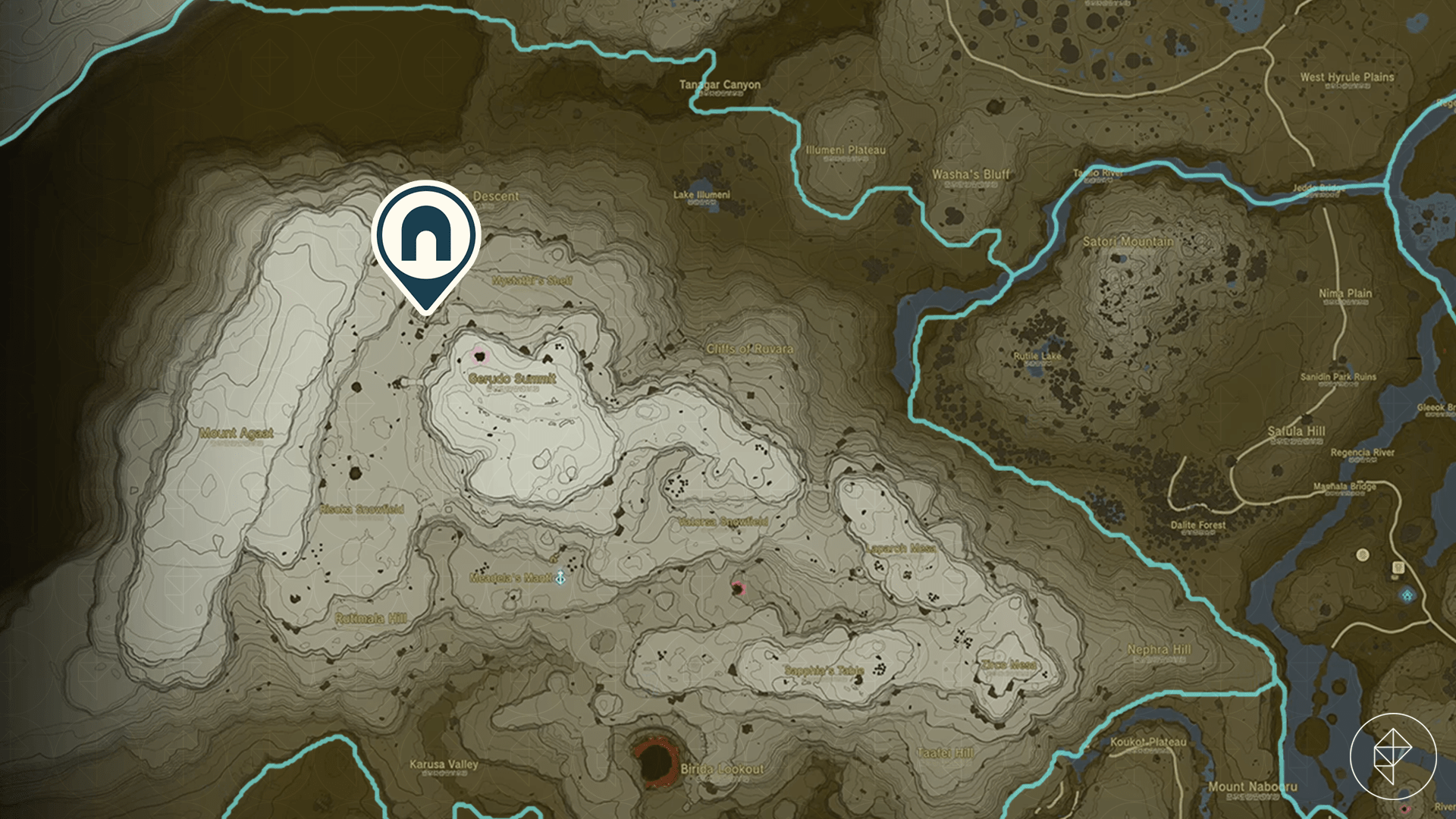 The Legend of Zelda: Tears of the Kingdom map showing the location of the Statue of the Eighth Heroine Cave.