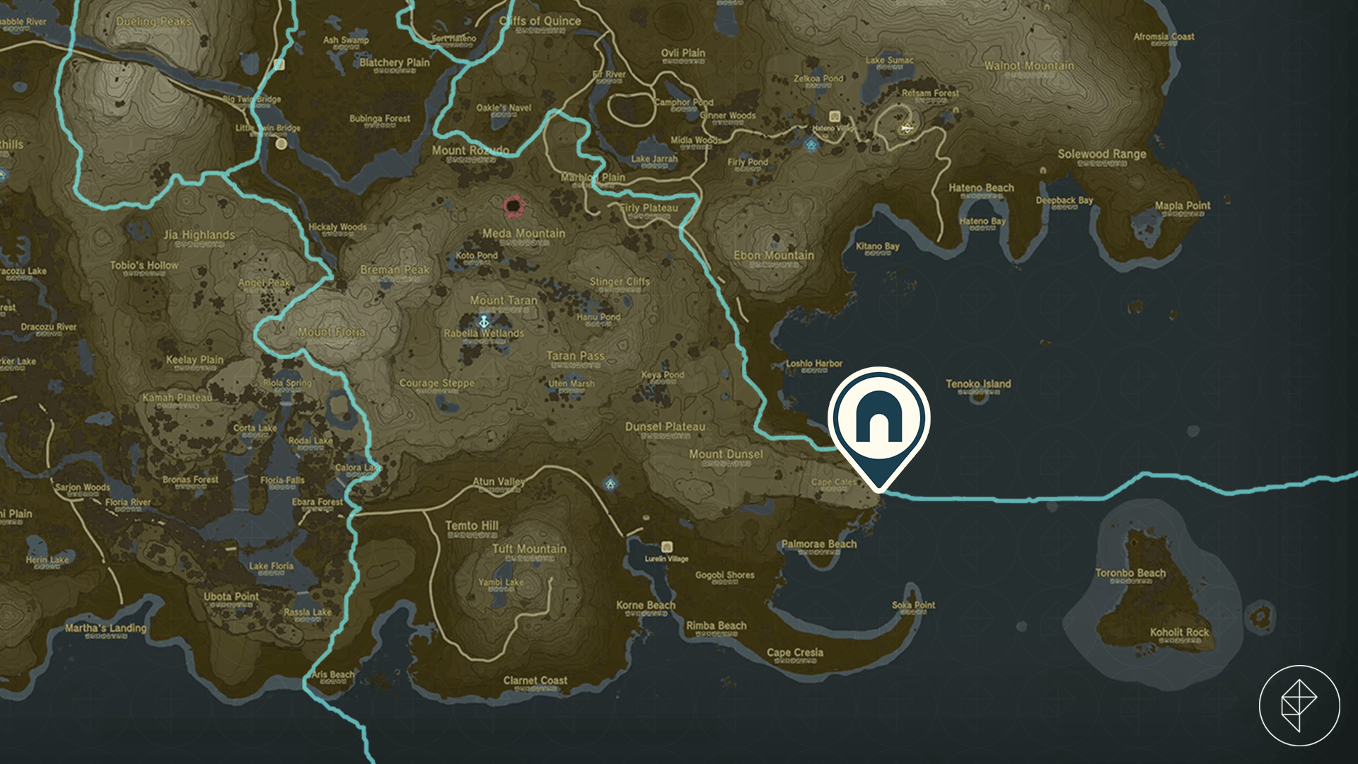 The Legend of Zelda: Tears of the Kingdom map showing the location of Cape Cales Cliffside Cave