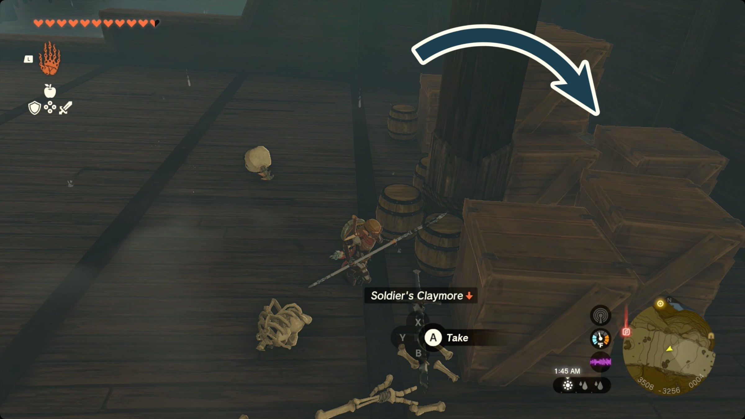The Legend of Zelda: Tears of the Kingdom Link on the pirate ship inside Cape Cales Cliffside Cave with an arrow pointing to Tingle’s Tights.