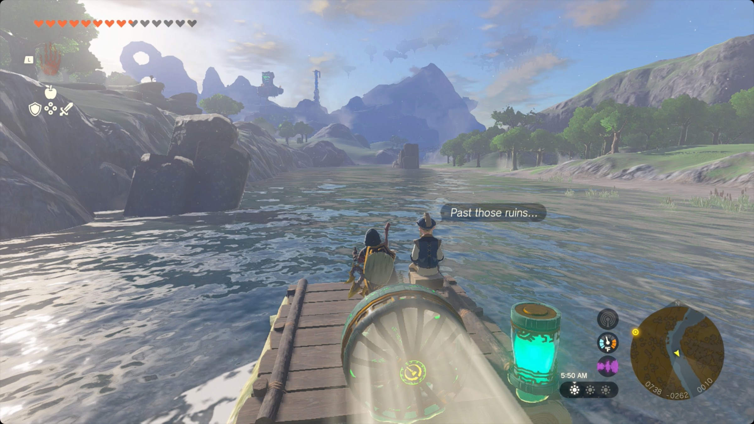 The Legend of Zelda: Tears of the Kingdom Link driving an airboat to take Izra downriver