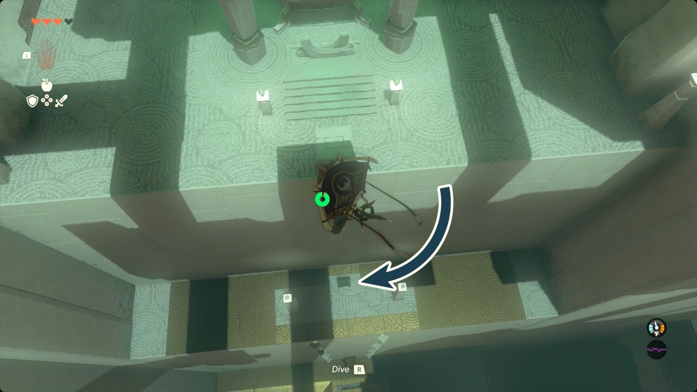 The Legend of Zelda: Tears of the Kingdom - Link paragliding near the exit of Morok Shrine. There’s a chest on a ledge below him.