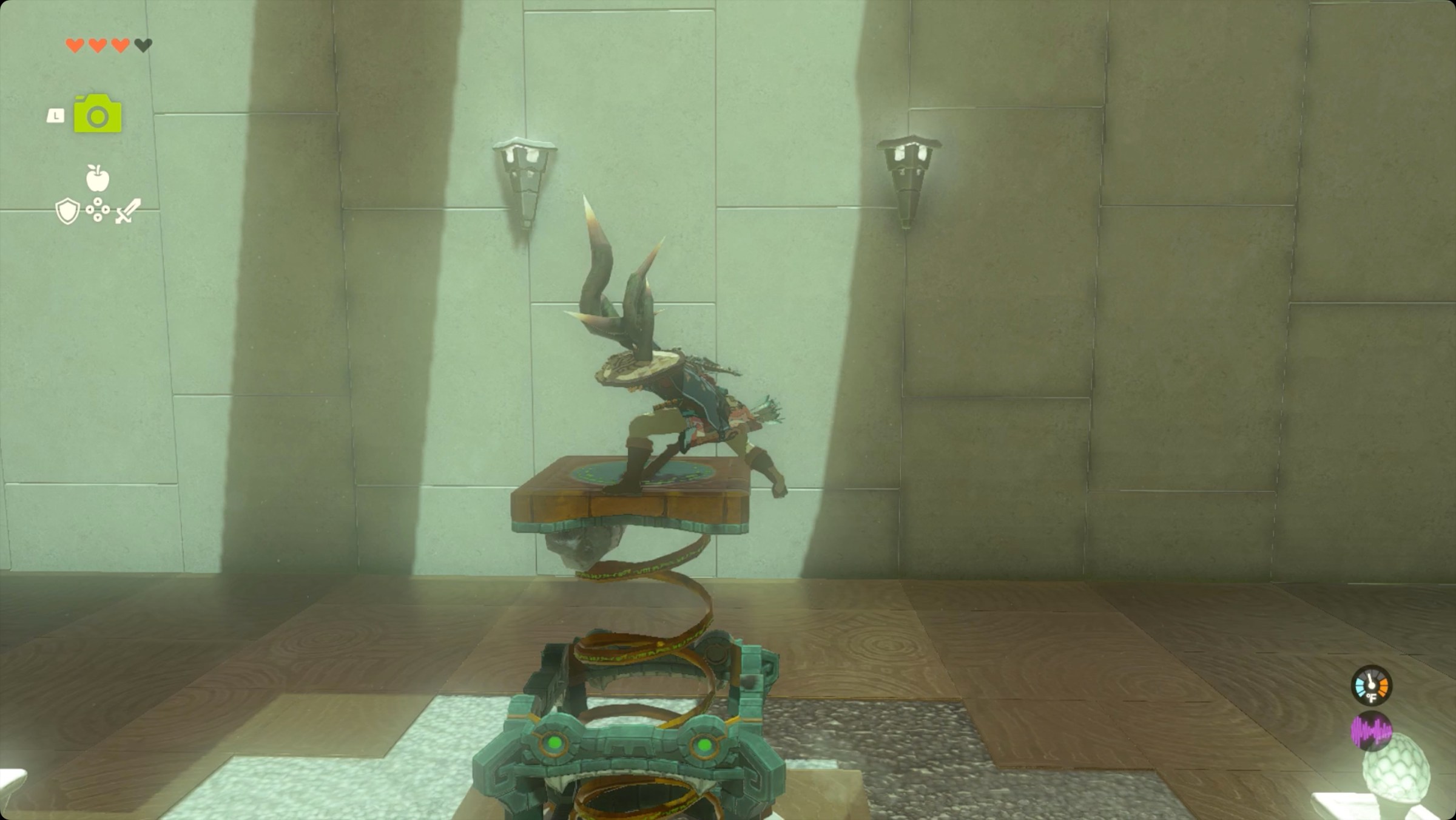 The Legend of Zelda: Tears of the Kingdom Link triggering a spring mechanism in Morok Shrine