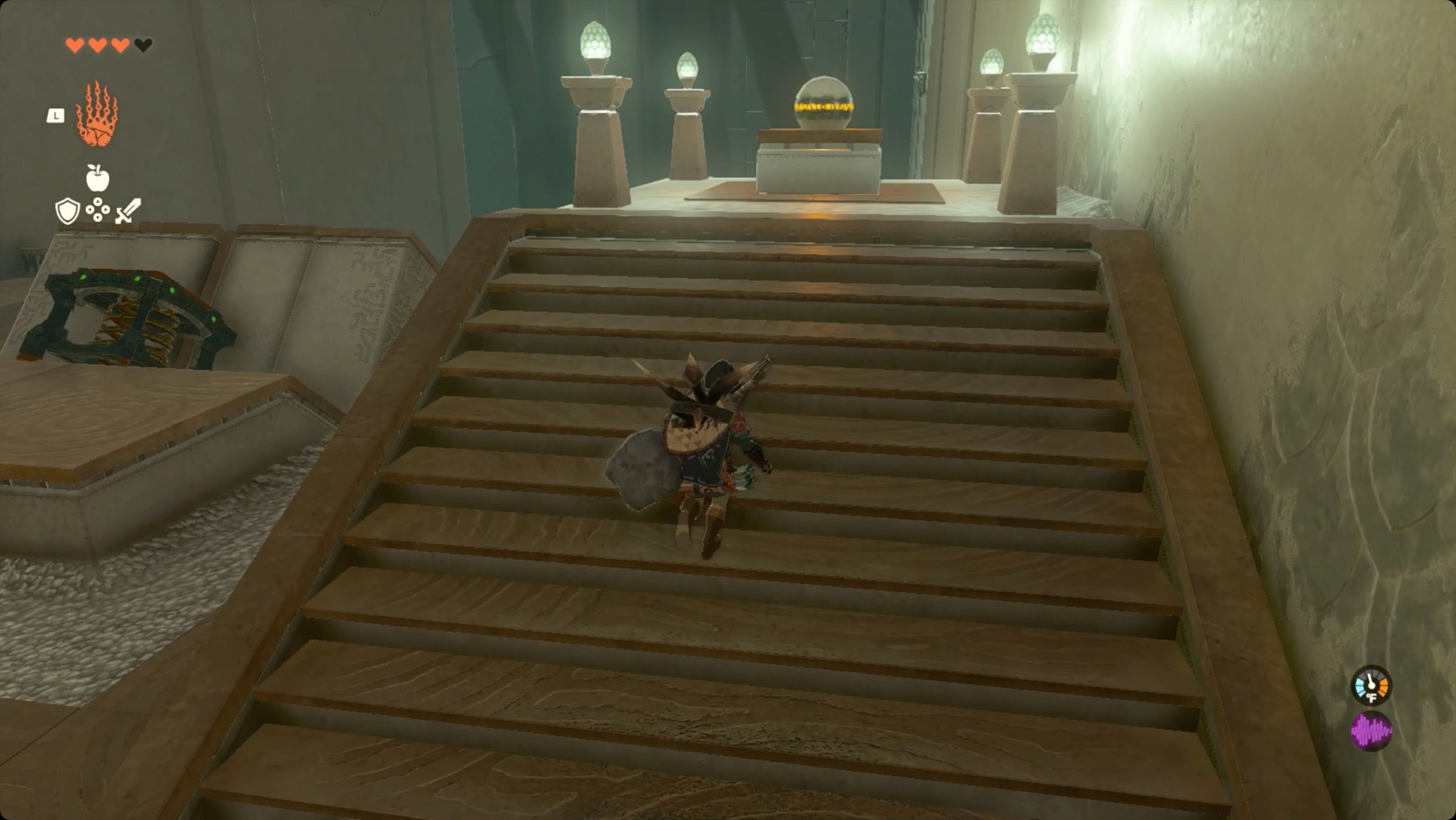 The Legend of Zelda: Tears of the Kingdom - Link running to grab a ball from a pedestal in Morok Shrine