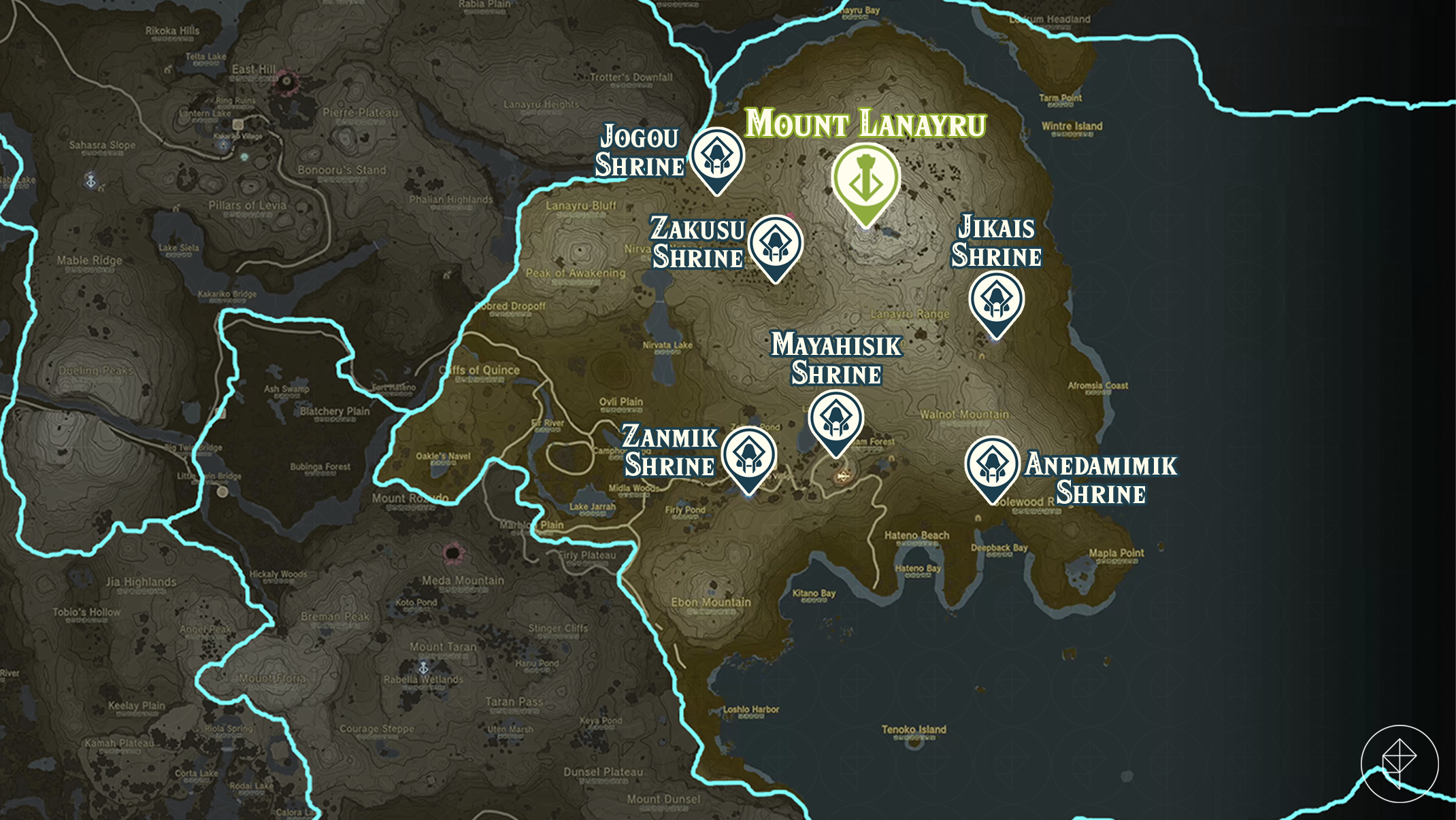Zelda Tears of the Kingdom map of the Mount Lanayru region with shrine locations marked
