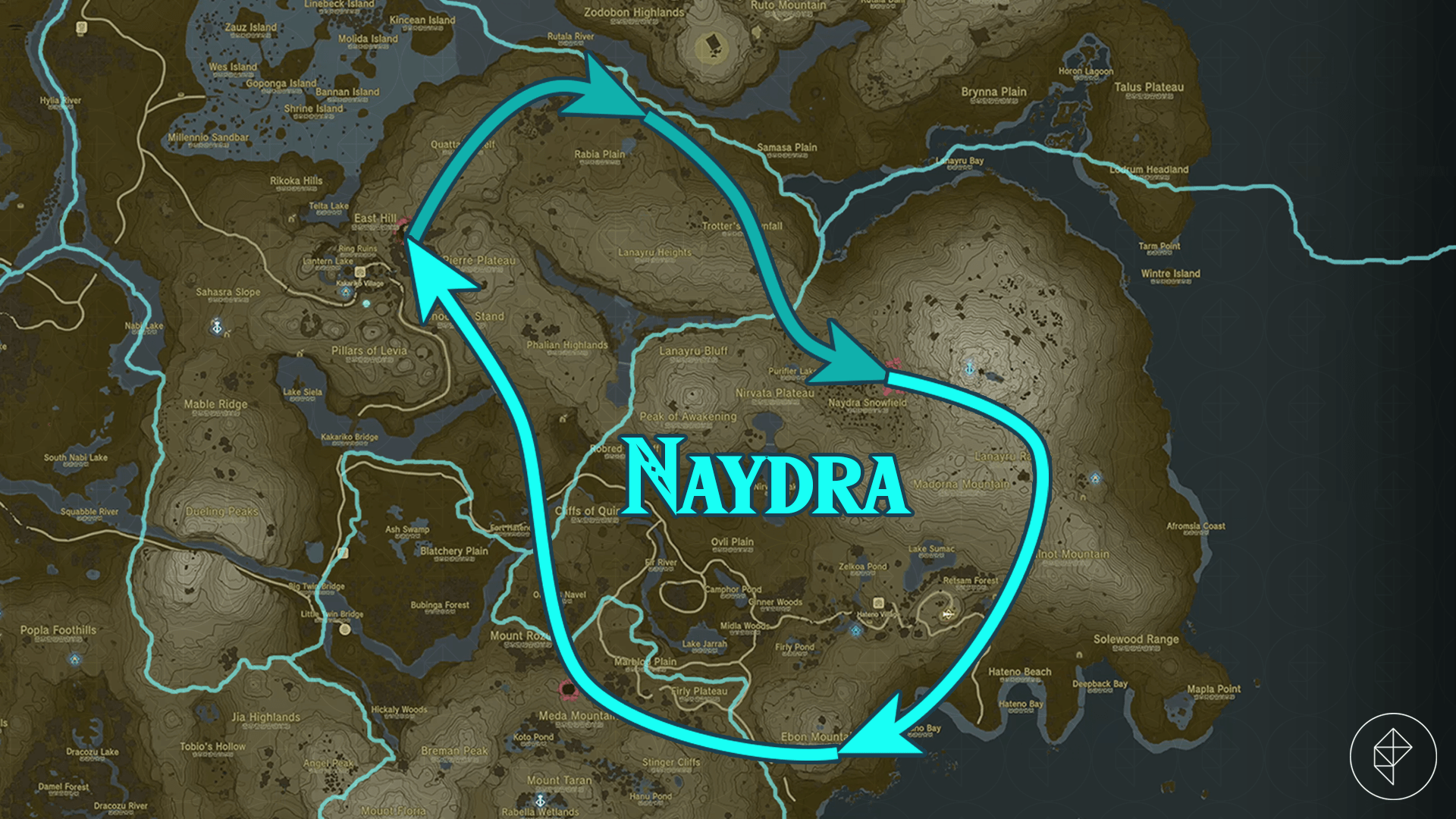 A map shows the route of Naydra the dragon in Zelda Tears of the Kingdom.