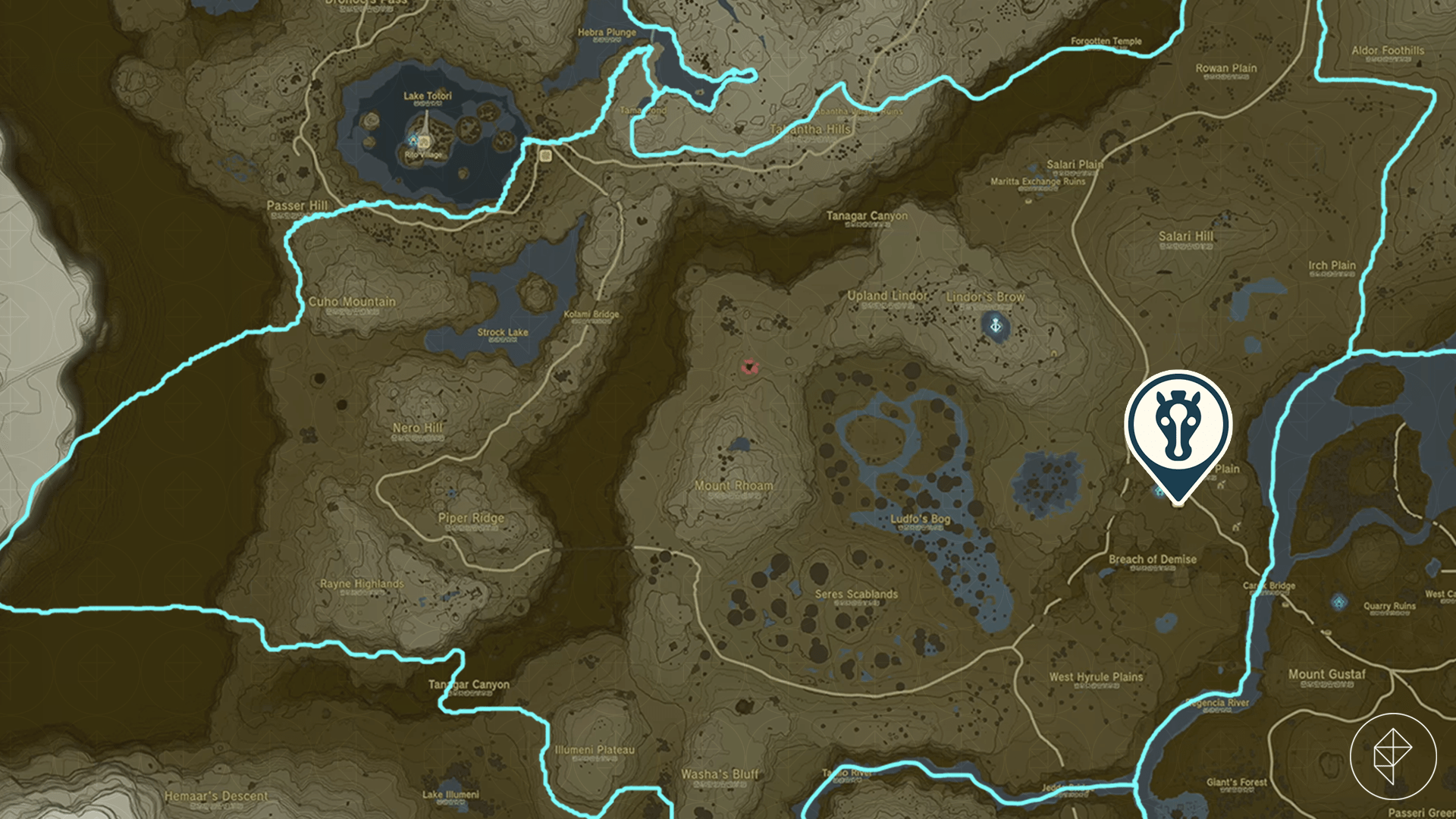 A map showing New Serenne Stable on the Legend of Zelda: Tears of the Kingdom map. The stable is near the Breach of Demise, in the Lindor’s Brow region.