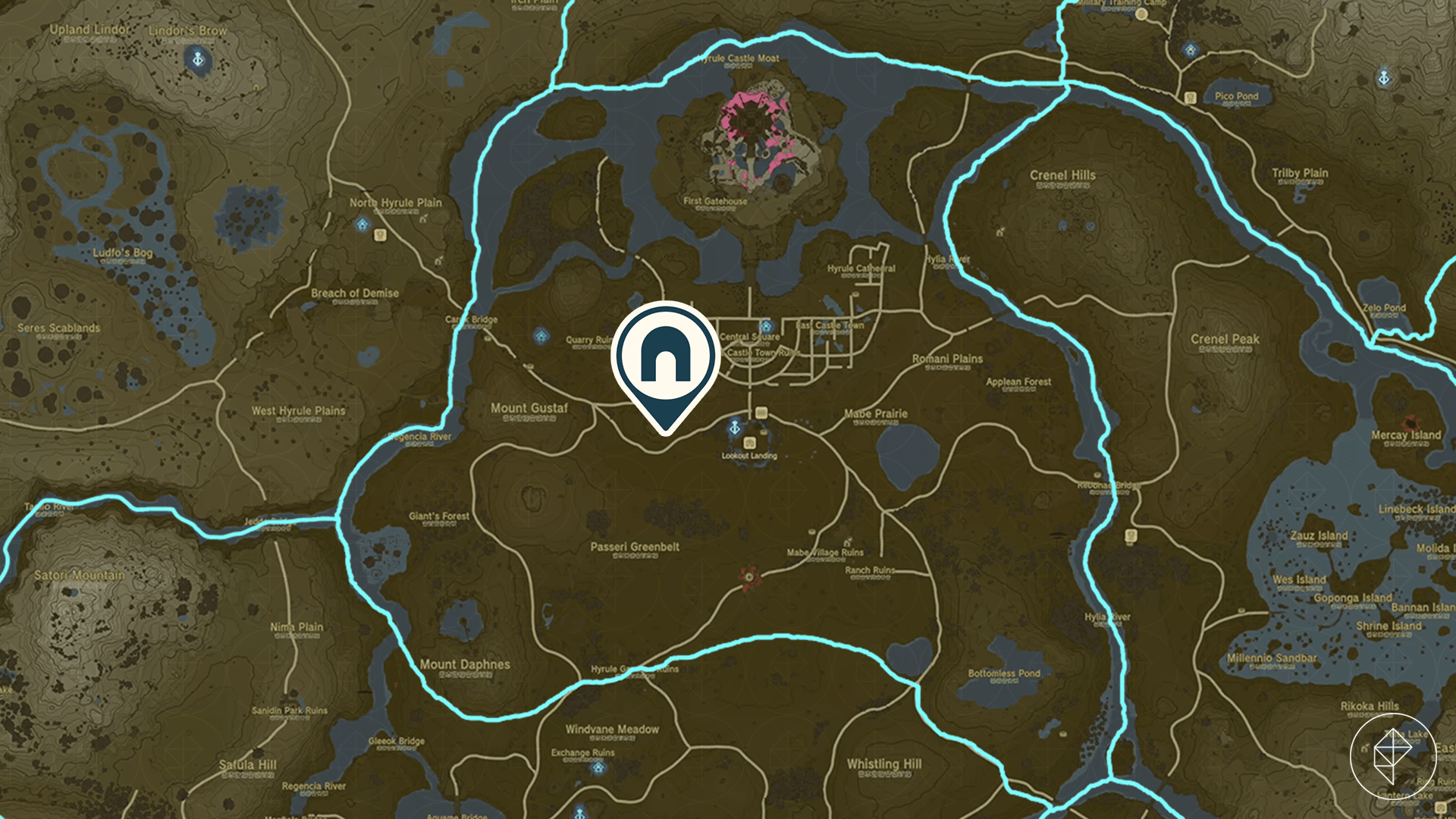 The Legend of Zelda: Tears of the Kingdom map showing the location of Passeri Greenbelt Cave