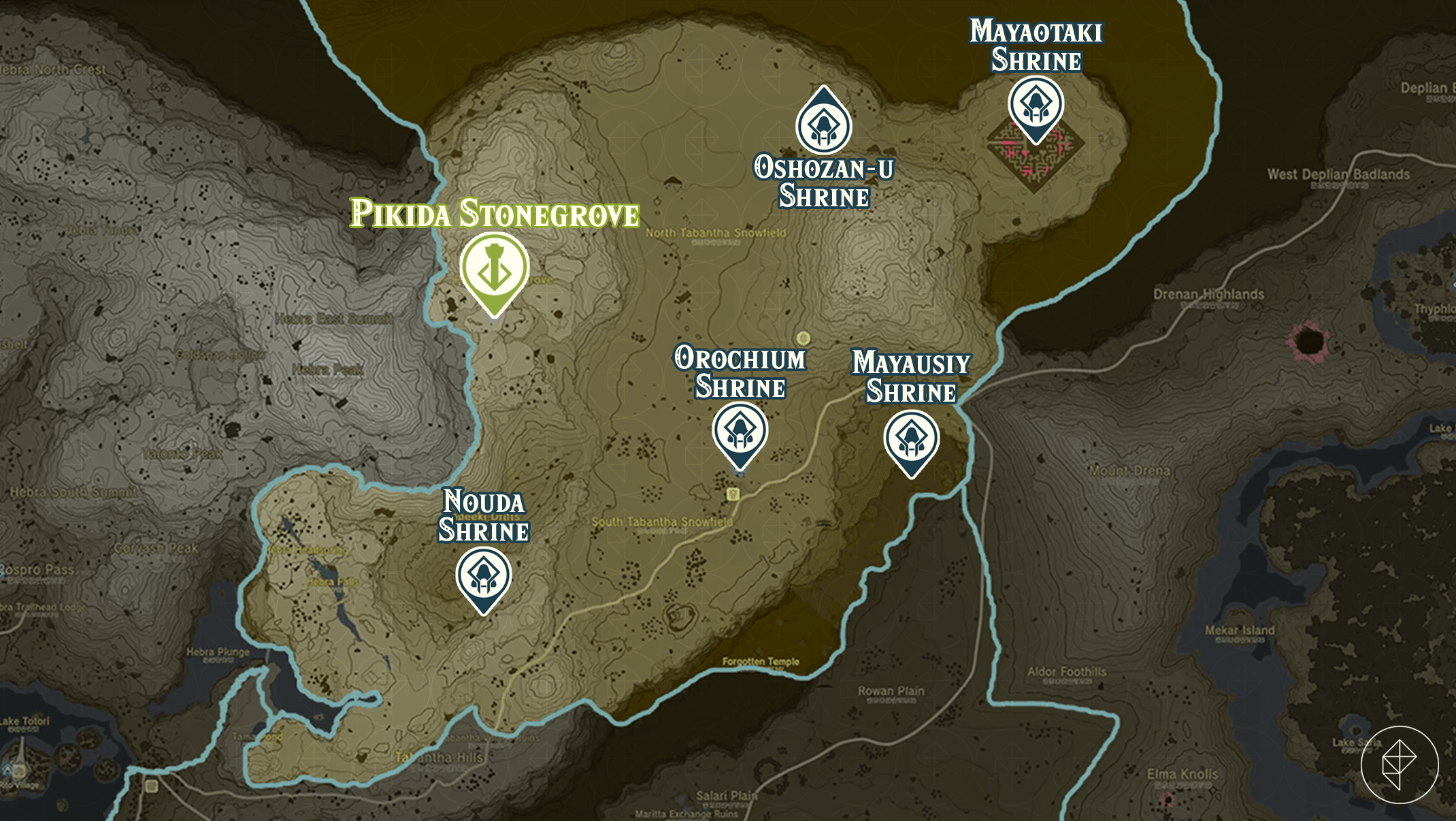 Zelda Tears of the Kingdom map of the Pikida Stonegrove region with shrine locations marked