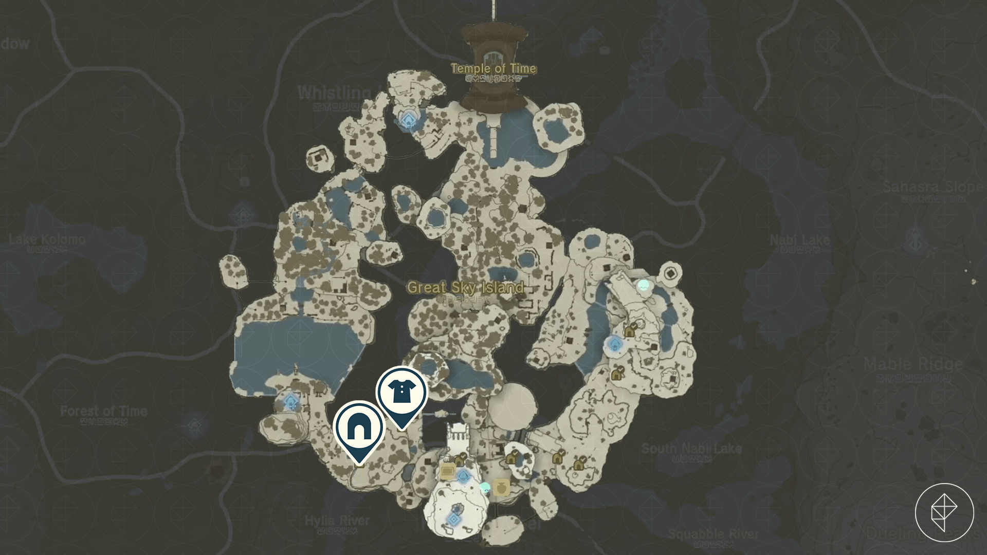 Zelda Tears of the Kingdom map of the Archaic Tunic location and Pondside Cave entrance