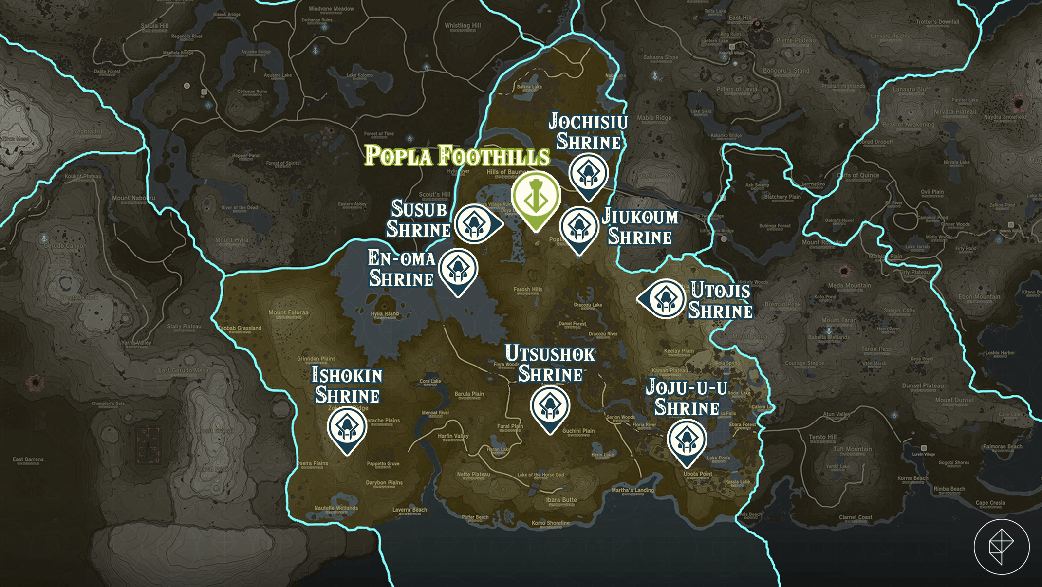 Zelda Tears of the Kingdom map of the Popla Foothills region with shrine locations marked