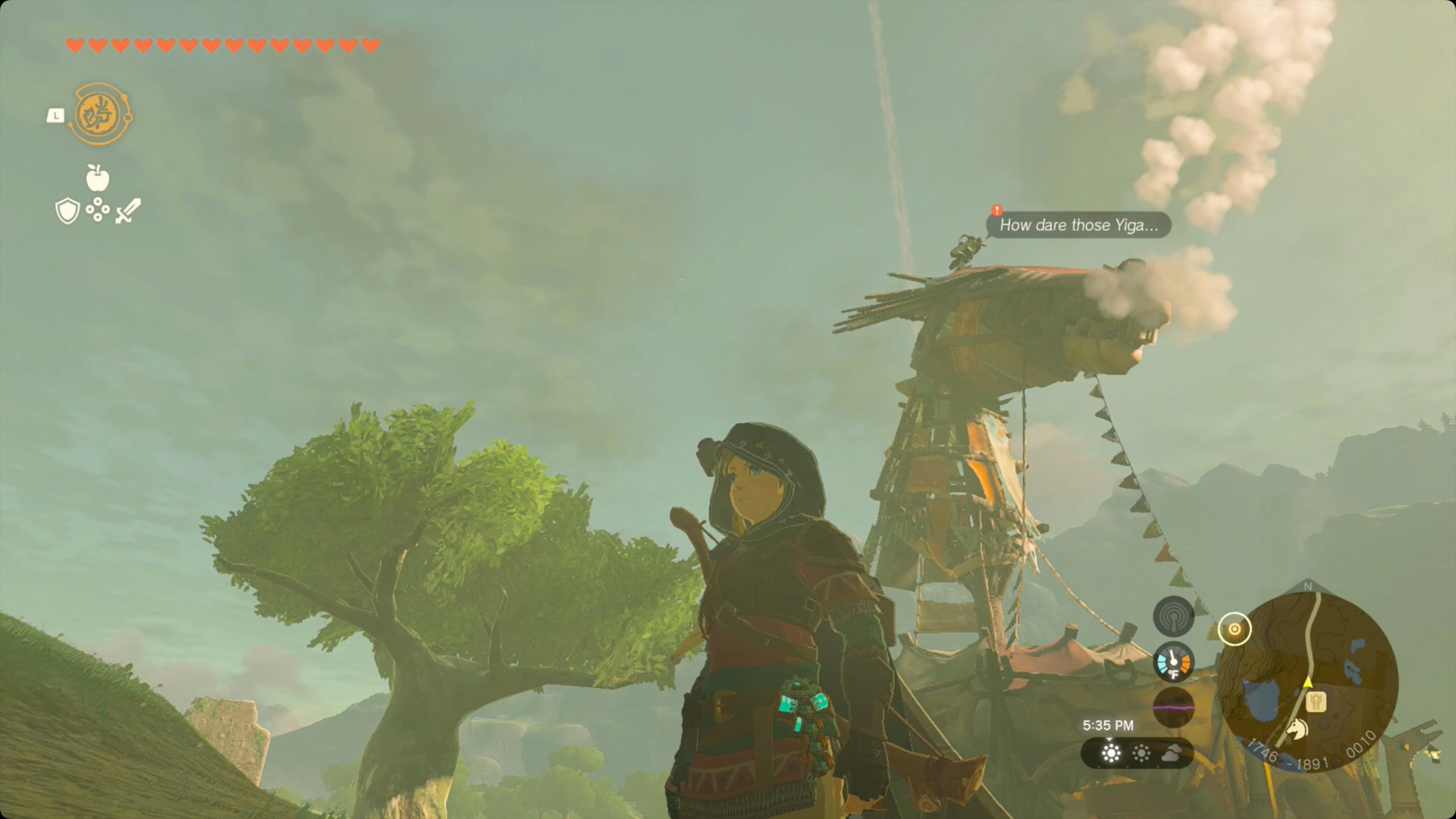 The Legend of Zelda: Tears of the Kingdom Penn standing on top of Dueling Peaks stable.