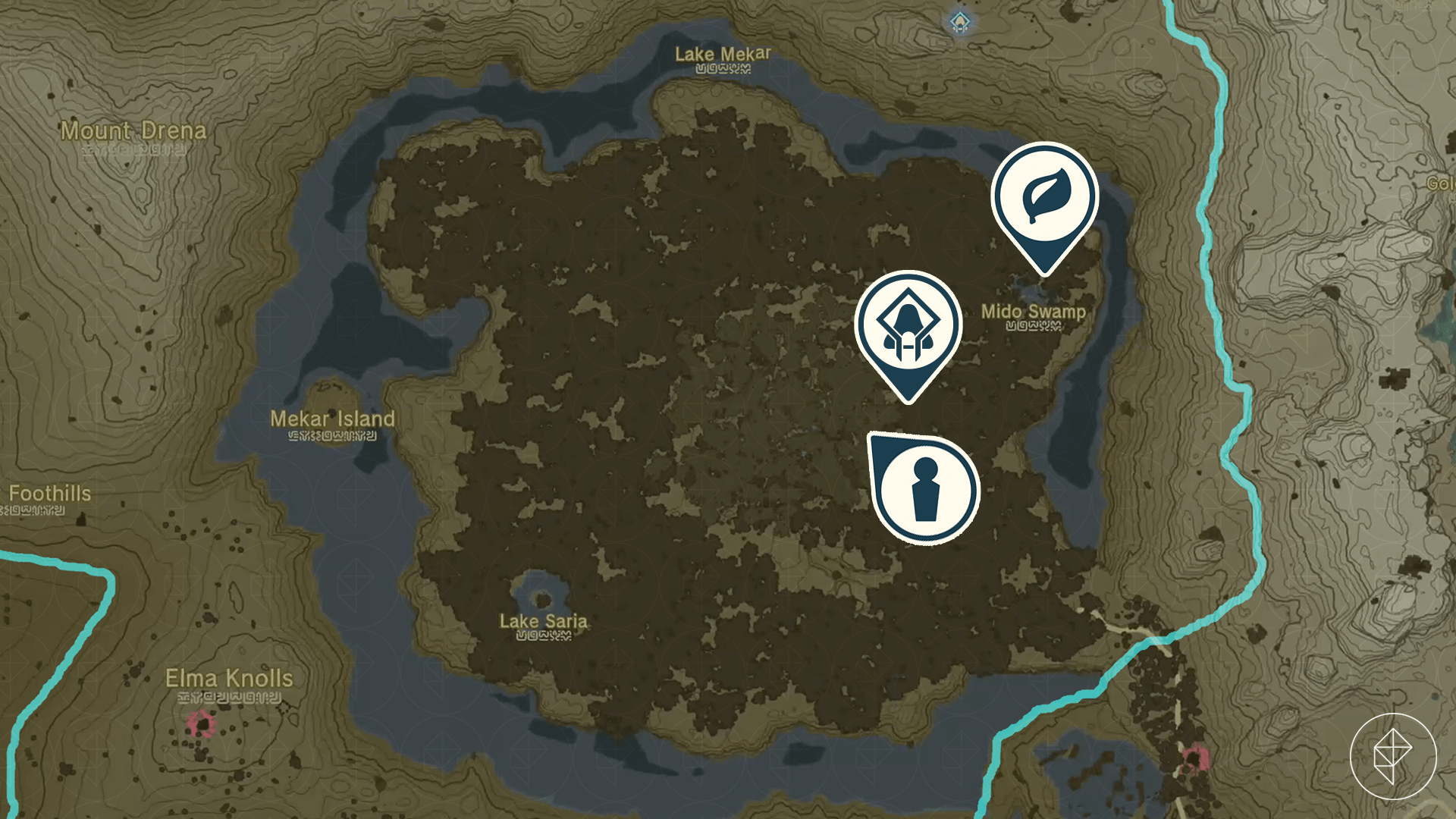 The Legend of Zelda: Tears of the Kingdom map showing the locations of Damia, Pupunke Shrine, and Mido Swamp