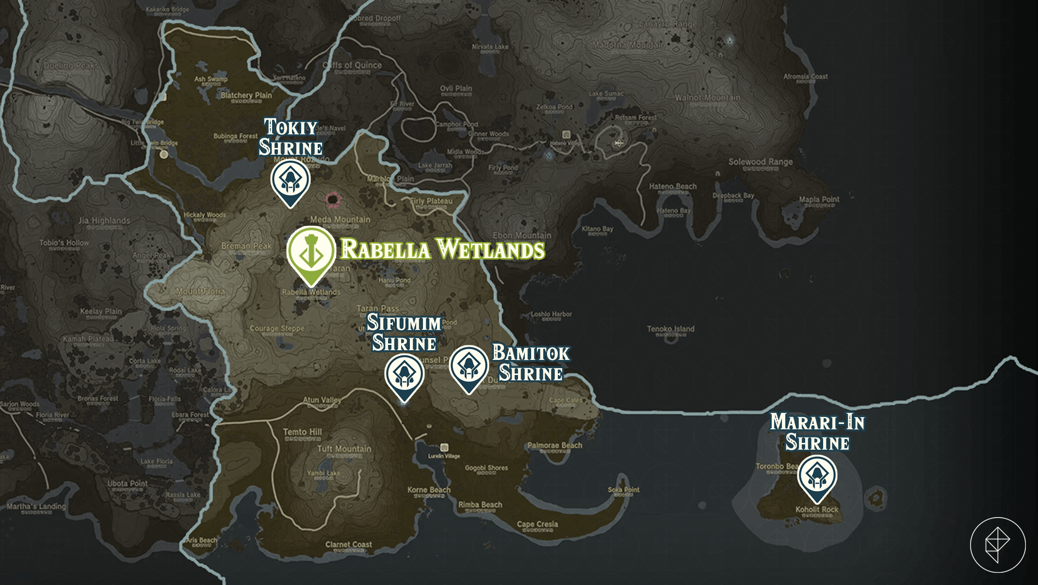 Zelda Tears of the Kingdom map of the Rabella Wetlands region with shrine locations marked