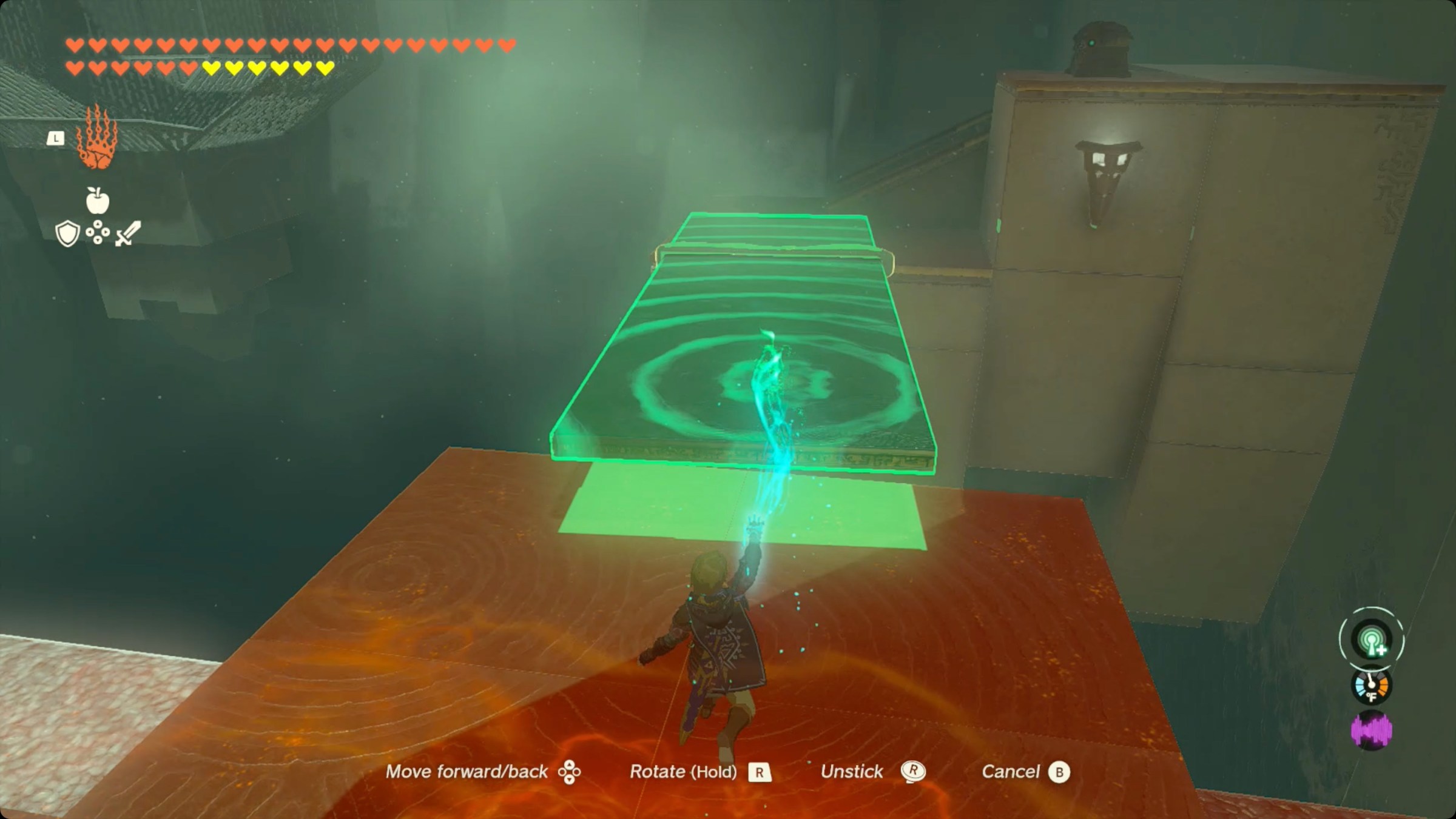 The Legend of Zelda: Tears of the Kingdom Link using two metal panels to create a bridge to a chest in Ren-iz Shrine.