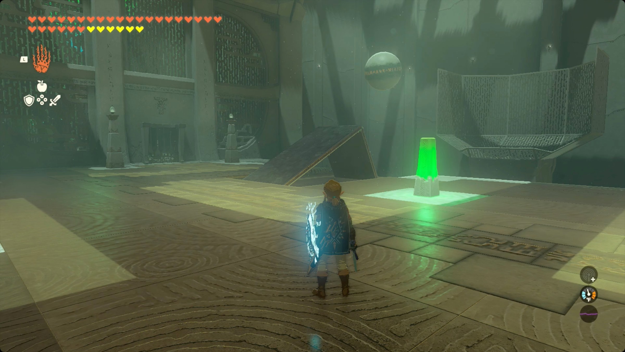 The Legend of Zelda: Tears of the Kingdom Link using a ramp built out of metal panels to launch a ball in Ren-iz Shrine.