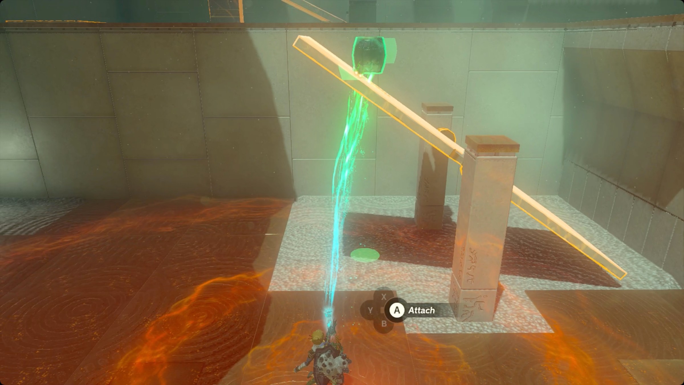 The Legend of Zelda: Tears of the Kingdom Link using Ultrahand to attach a metal barrel to a seesaw in Rotsumamu Shrine