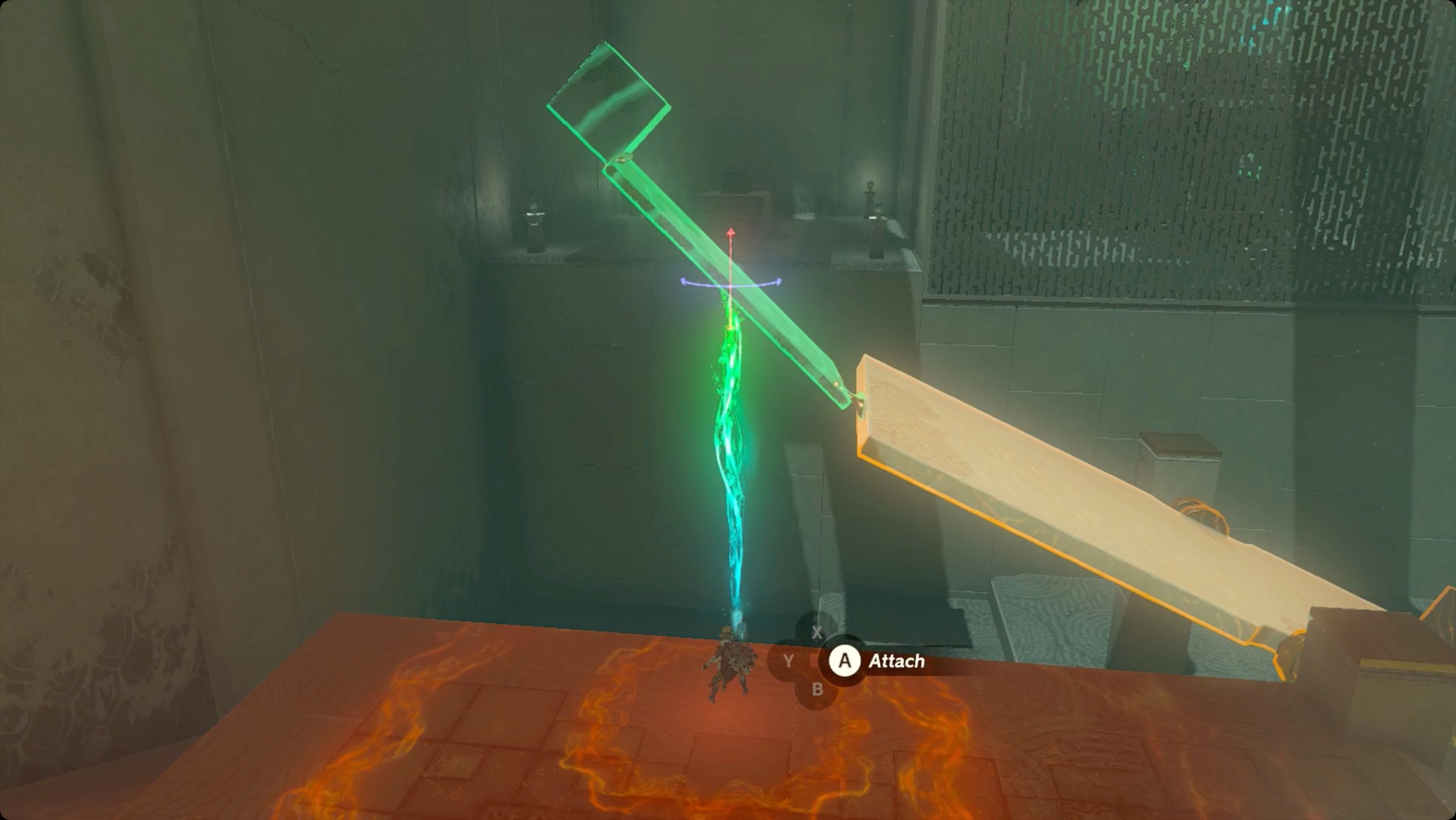 The Legend of Zelda: Tears of the Kingdom Link attaching a panel and metal cube to the end of a seesaw in Rotsumamu Shrine