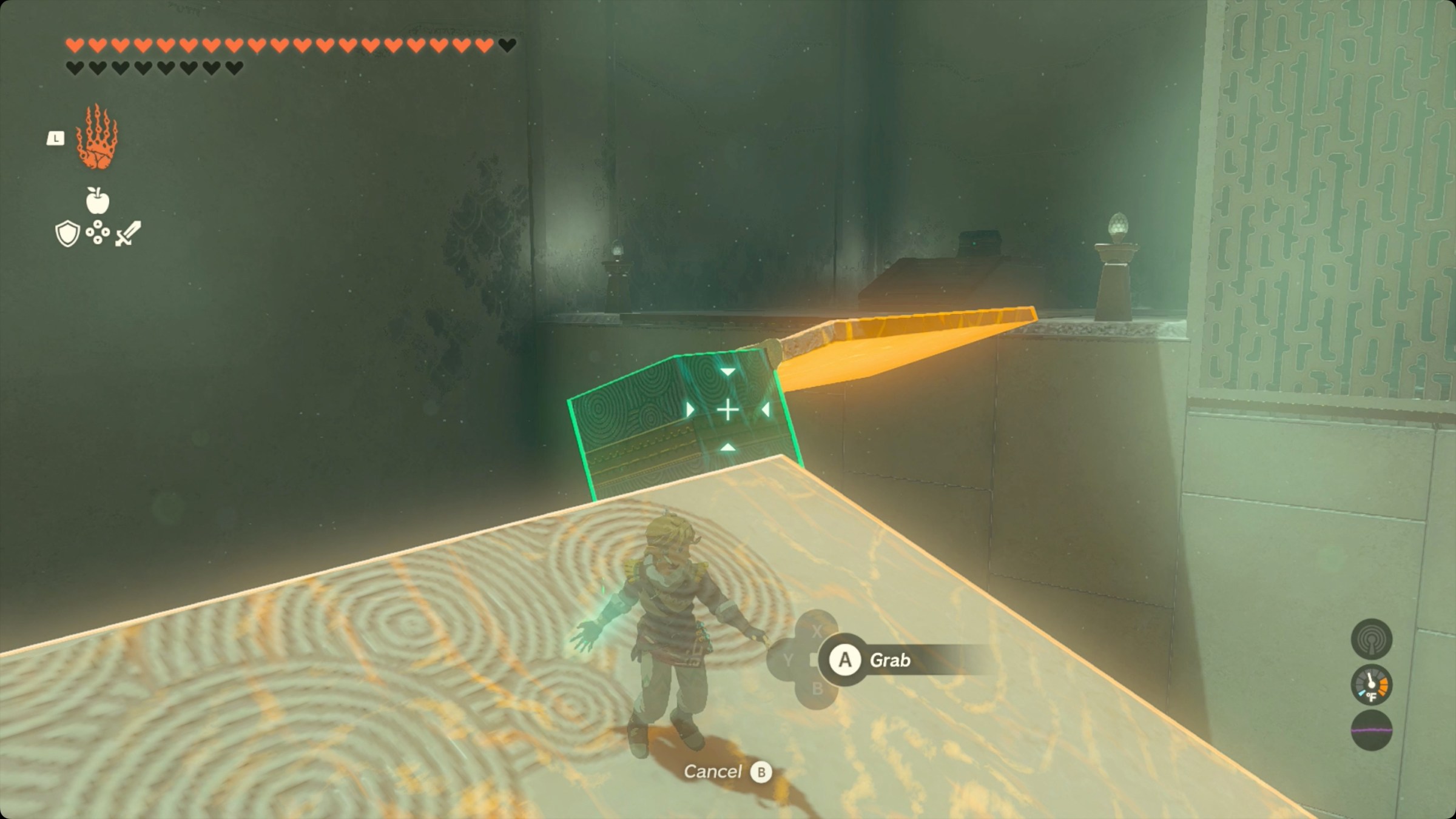 The Legend of Zelda: Tears of the Kingdom Link using a metal cube and panel to create a path to the chest in Rotsumamu Shrine