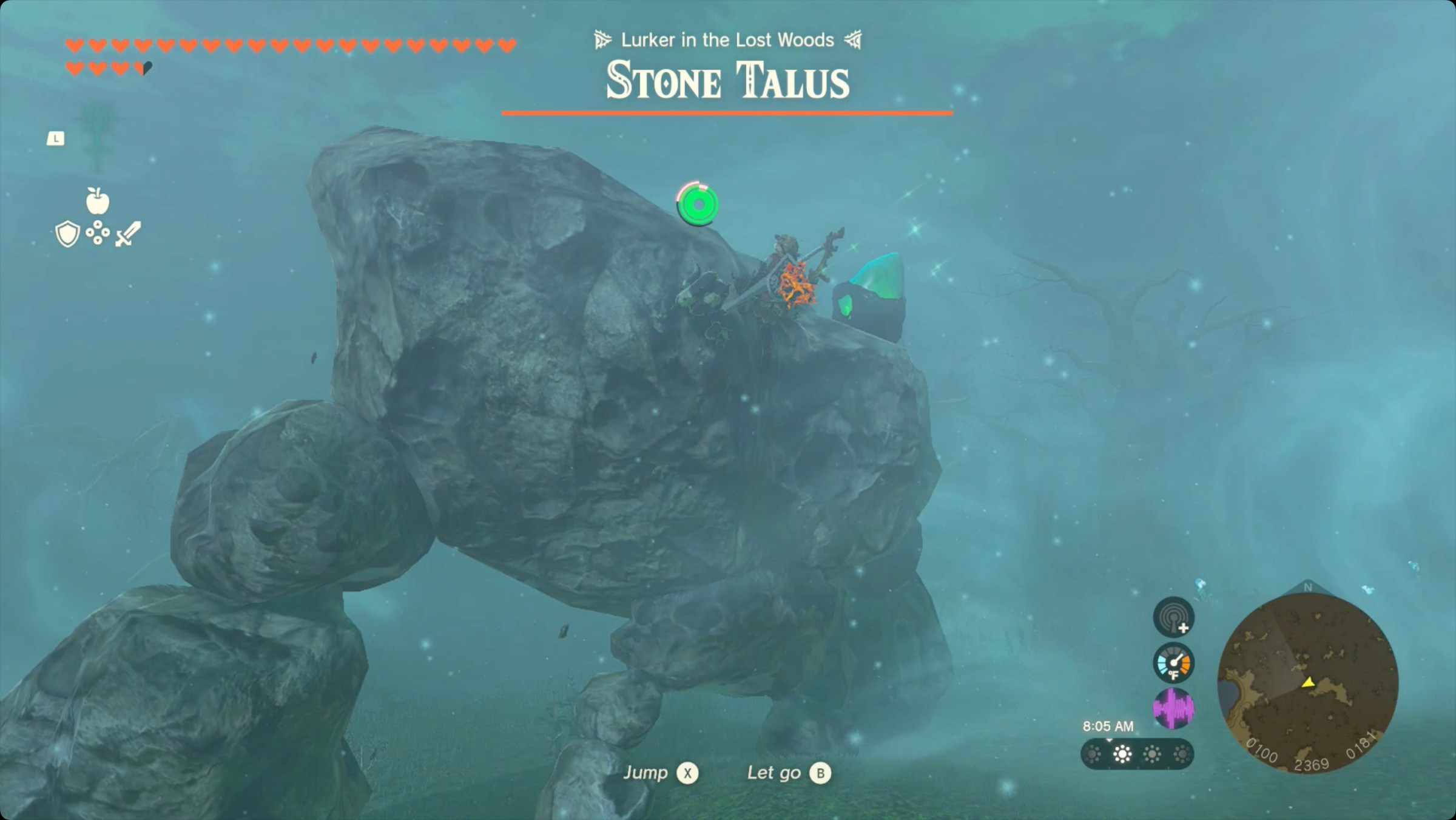 The Legend of Zelda: Tears of the Kingdom Link climbing onto a Stone Talus with a shrine crystal embedded in its head