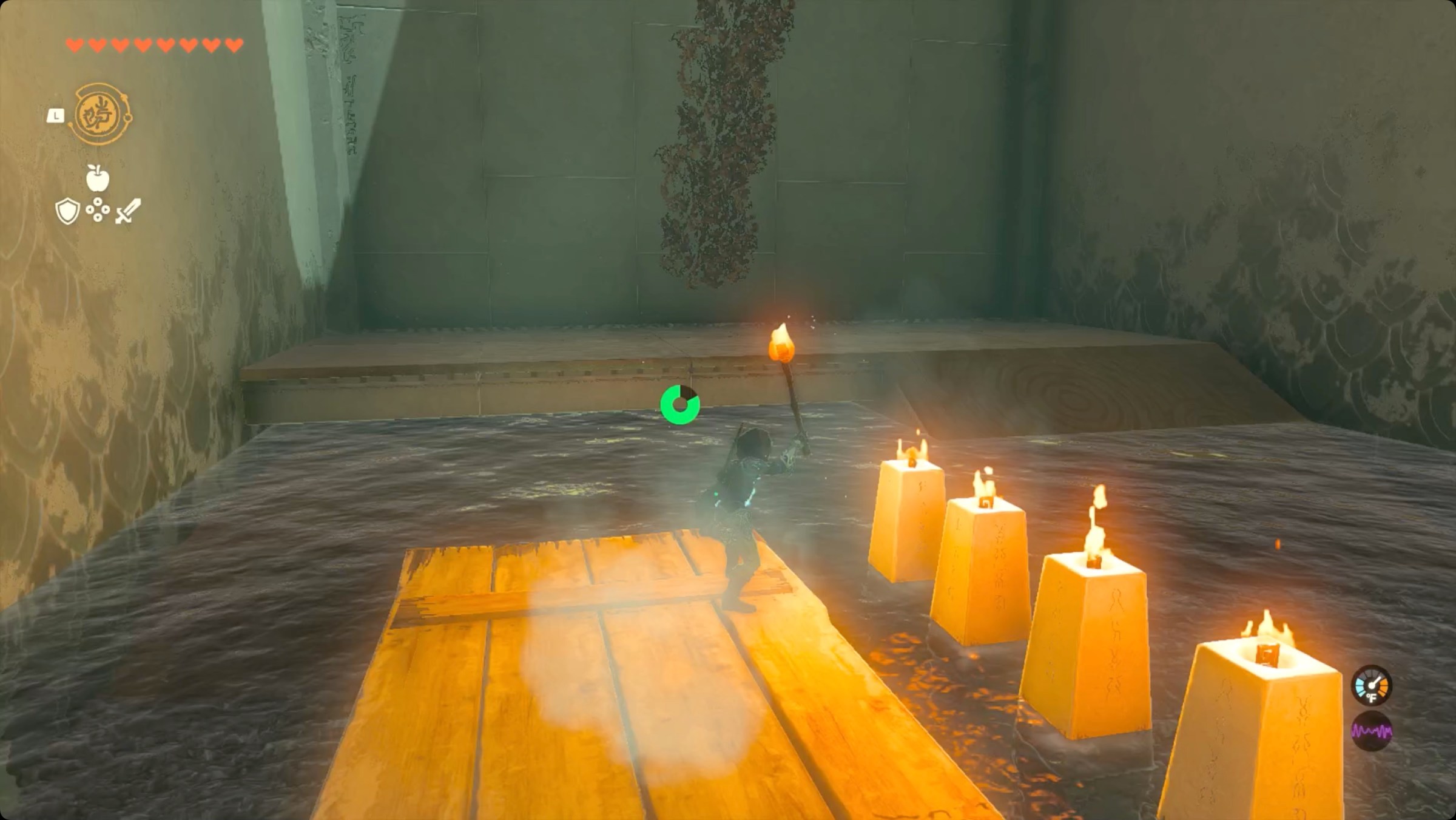 The Legend of Zelda: Tears of the Kingdom Link riding a raft and lighting a torch off of a fire pillar.