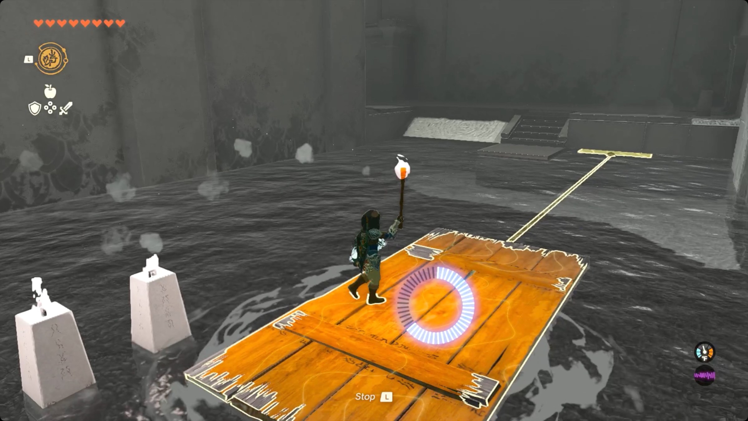The Legend of Zelda: Tears of the Kingdom Link using Recall to send the raft back the other way.