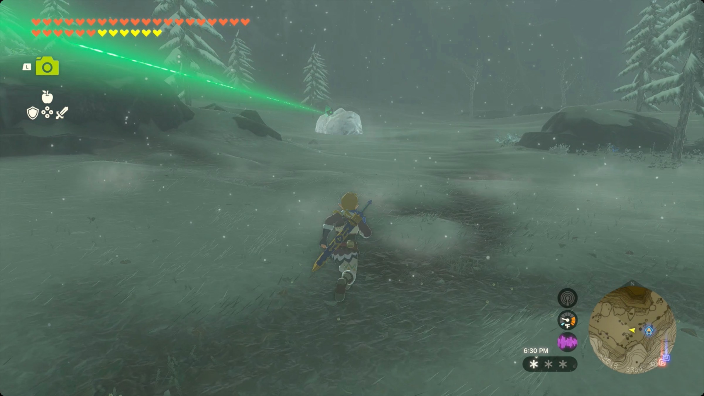 The Legend of Zelda: Tears of the Kingdom Link following the green beam to the North Hebra Mountains Crystal.
