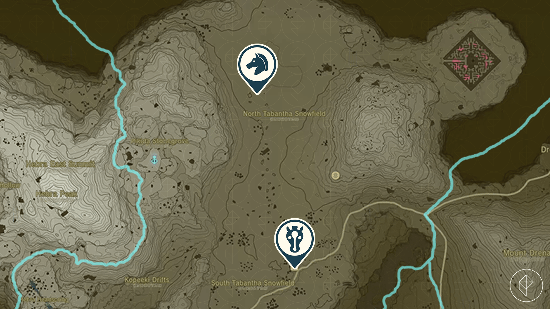 The Legend of Zelda: Tears of the Kingdom map showing the location of Snowfield Stable and where Zelda’s golden horse can be found.