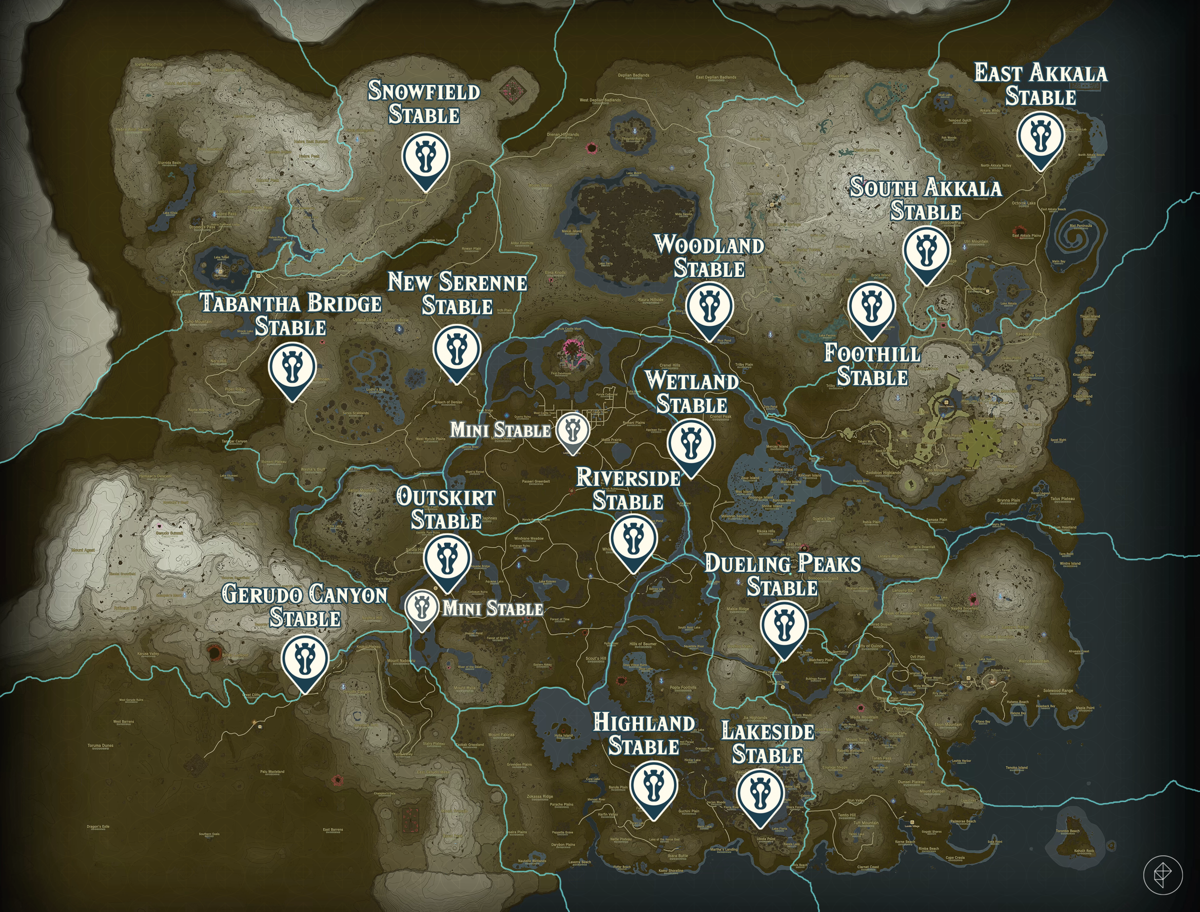 A map shows the locations of stables in Zelda Tears of the Kingdom.