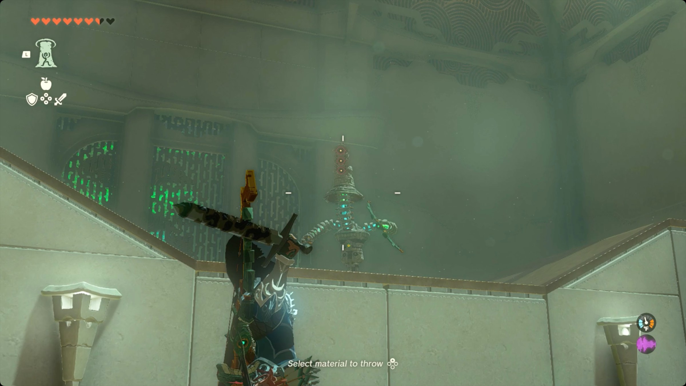 The Legend of Zelda: Tears of the Kingdom - Link aiming to throw a rusty sword at a Construct