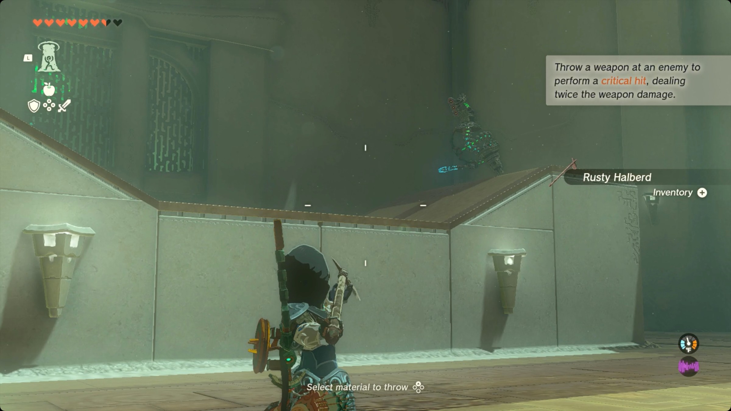 The Legend of Zelda: Tears of the Kingdom - Link aiming to throw a rusty halberd at the Construct