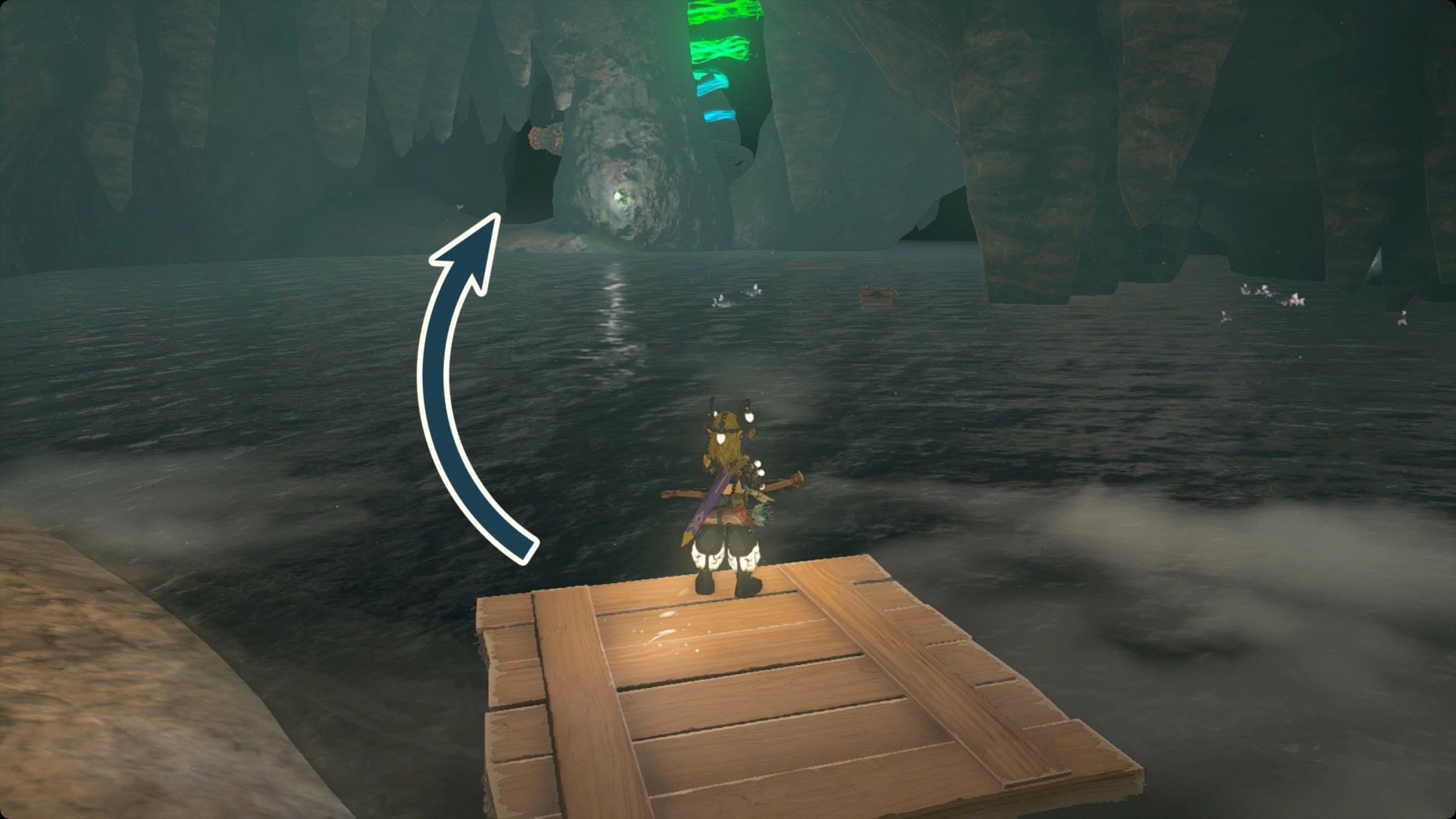 The Legend of Zelda: Tears of the Kingdom Link standing on a floating board inside Elma Knolls Well looking at Tenmaten Shrine across some water