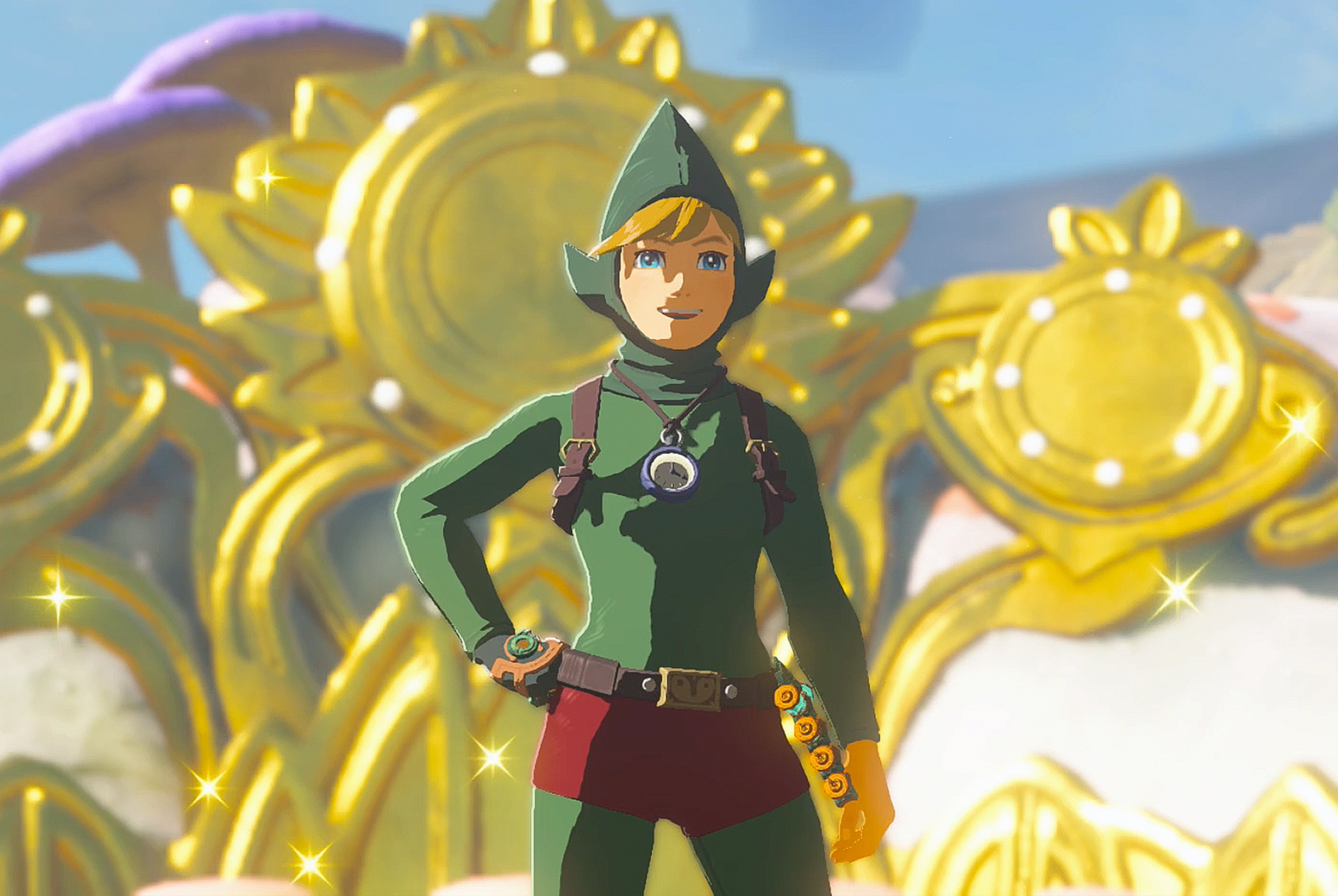 The Legend of Zelda: Tears of the Kingdom Link looking dashing in the Tingle’s outfit standing at a Great Fairy fountain.