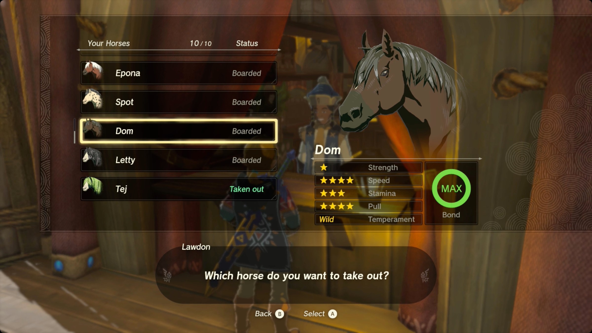 The Legend of Zelda: Tears of the Kingdom horse stats at a stable