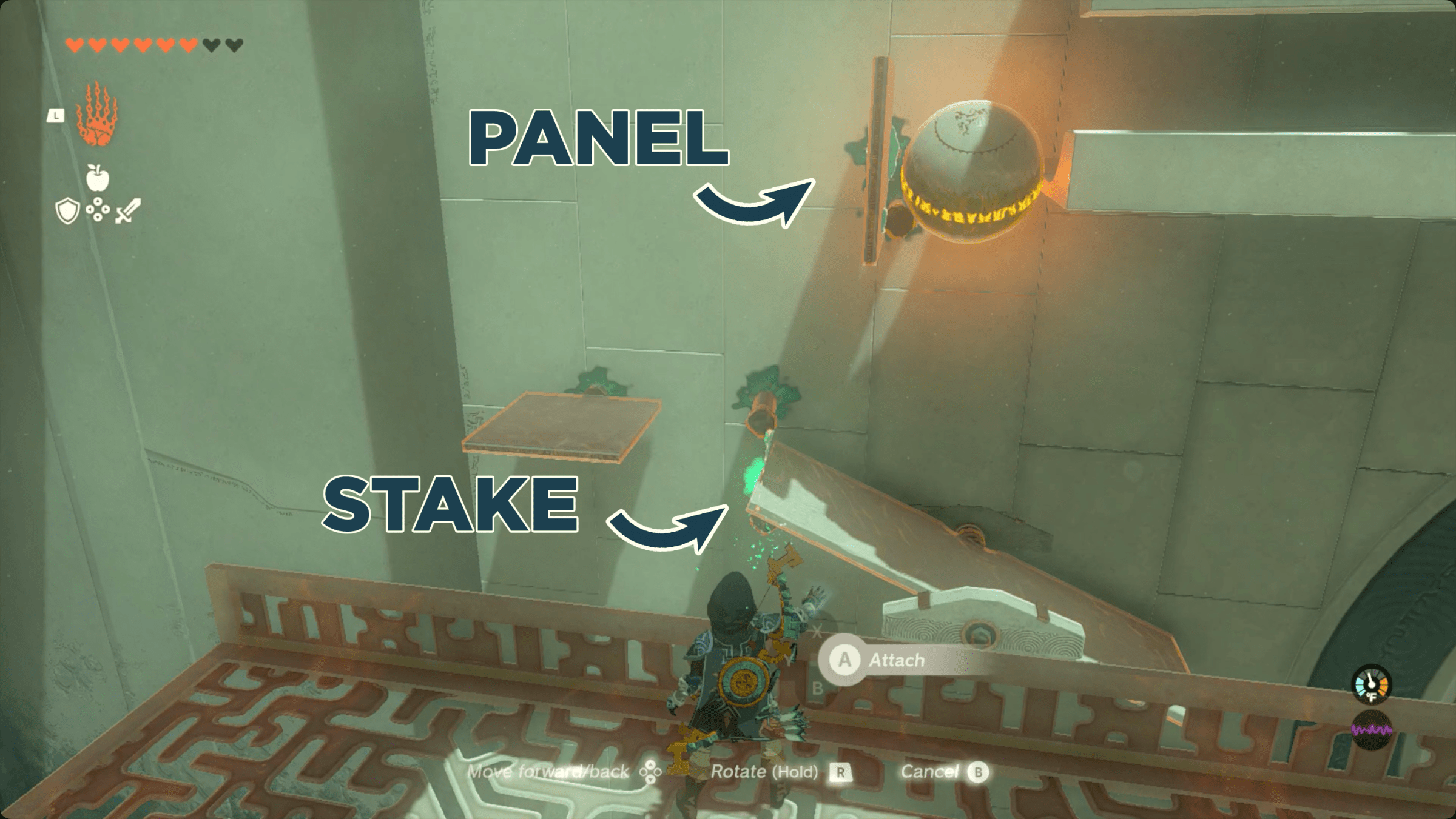 The Legend of Zelda: Tears of the Kingdom - Link looking at the ball in Tsutsu-um Shrine with positions for a panel and stake marked