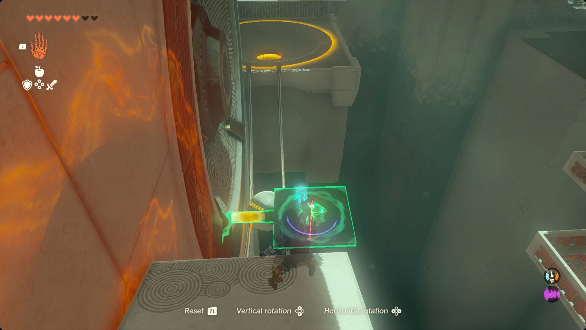 The Legend of Zelda: Tears of the Kingdom - Link placing a panel on the spinning wheel to push the ball in Tsutsu-um Shrine