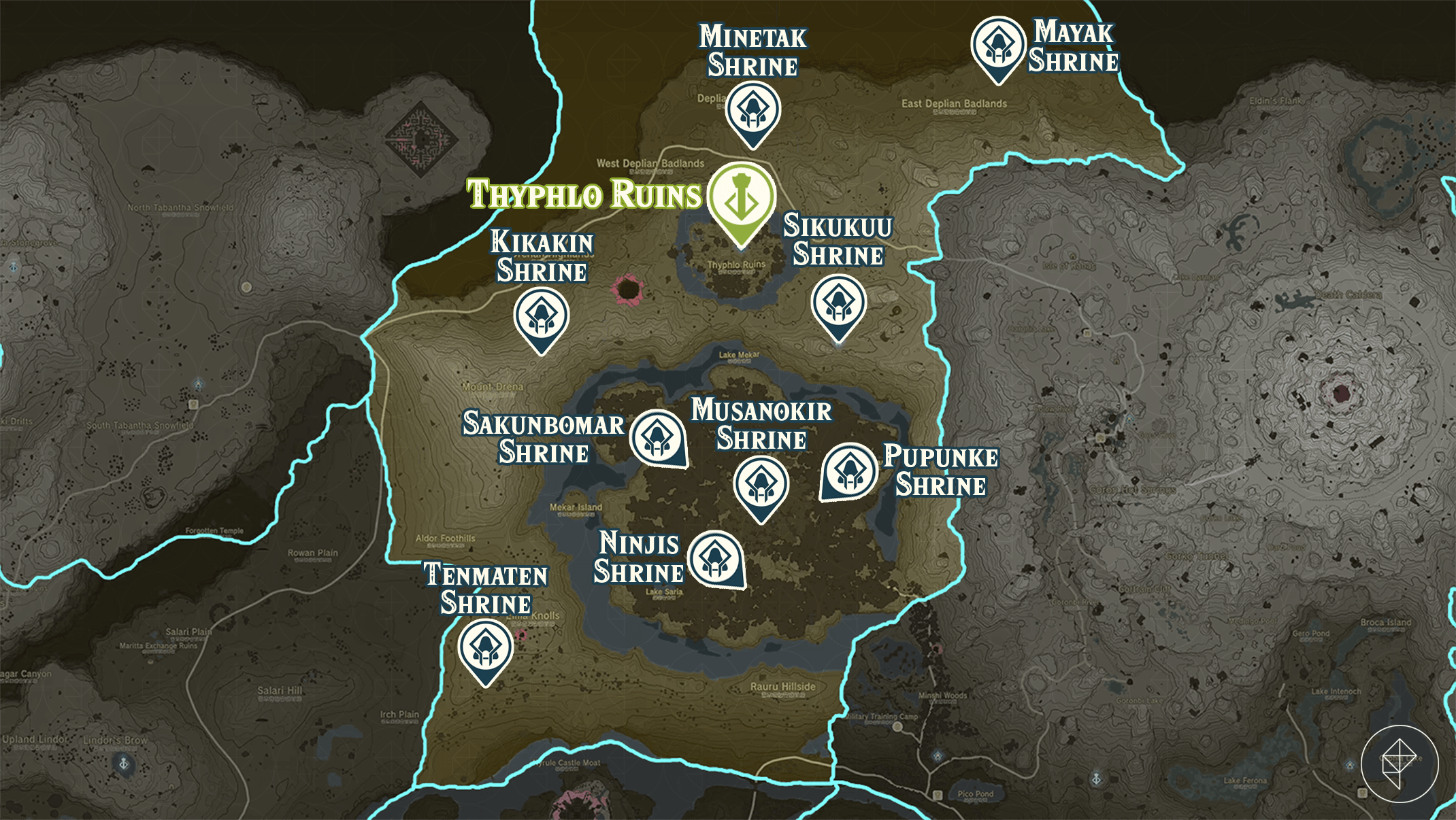 Zelda Tears of the Kingdom map of the Thyphlo Ruins region with shrine locations marked