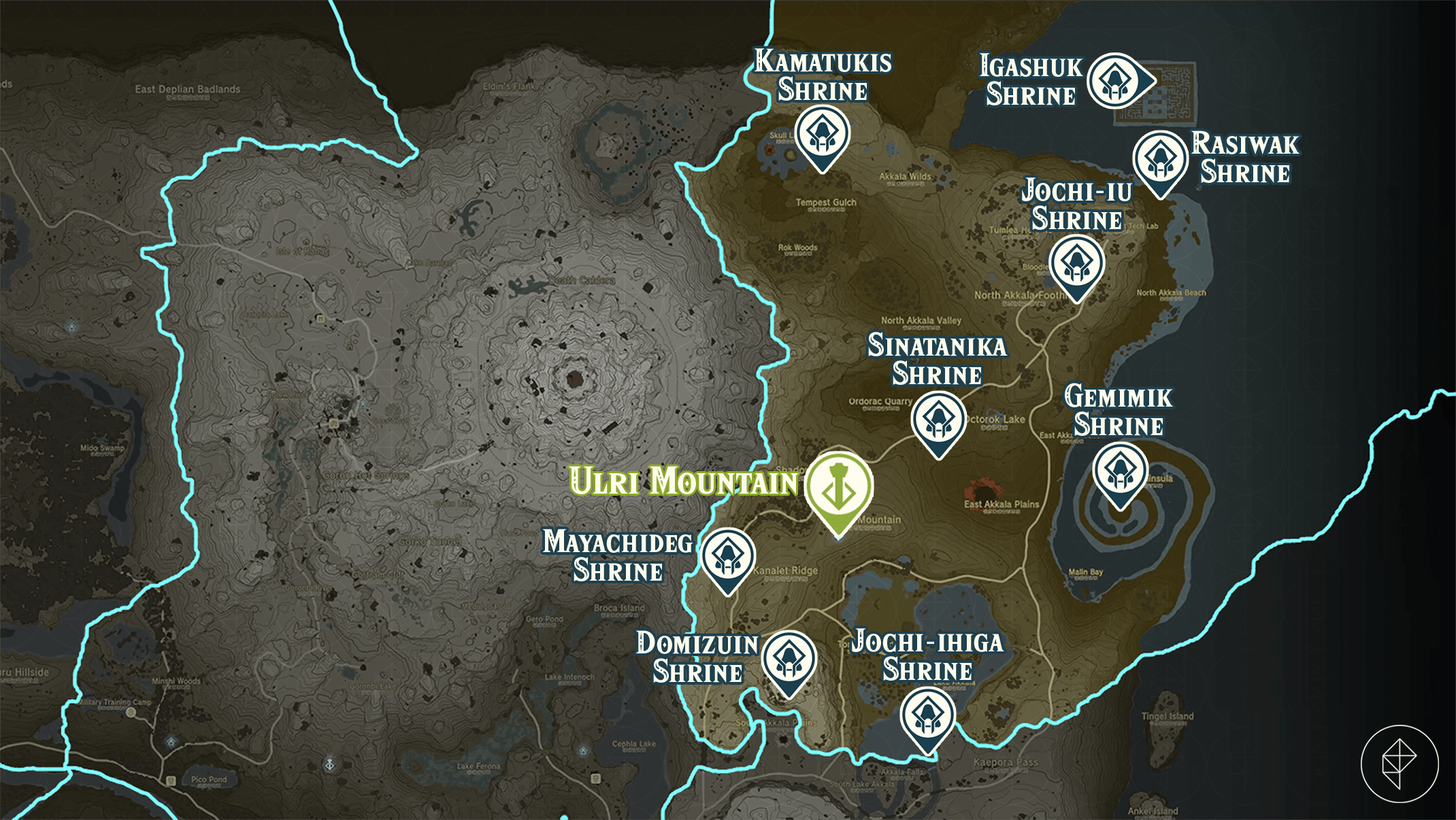 Zelda Tears of the Kingdom map of the Ulri Mountain region with shrine locations marked