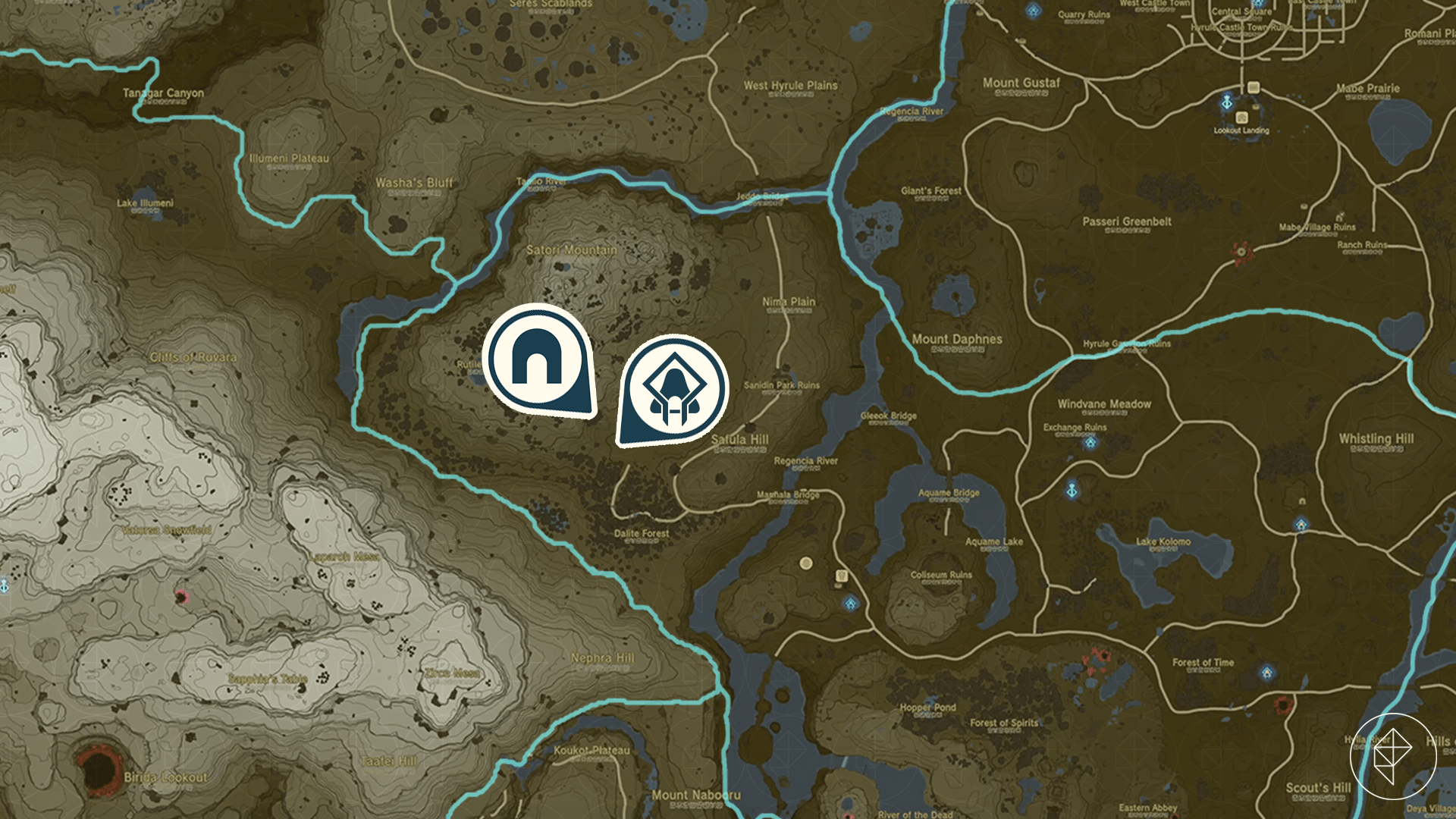 The Legend of Zelda: Tears of the Kingdom map showing the location of the Usazum Shrine and Satori Mountain Foothills Cave