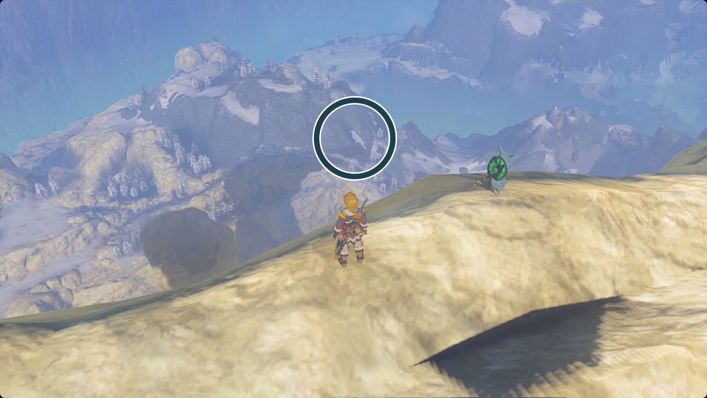 The Legend of Zelda: Tears of the Kingdom Link (and a Korok) standing on Van Medoh’s Perch looking west. A patch of now resembling a white bird on a nearby mountain is circled