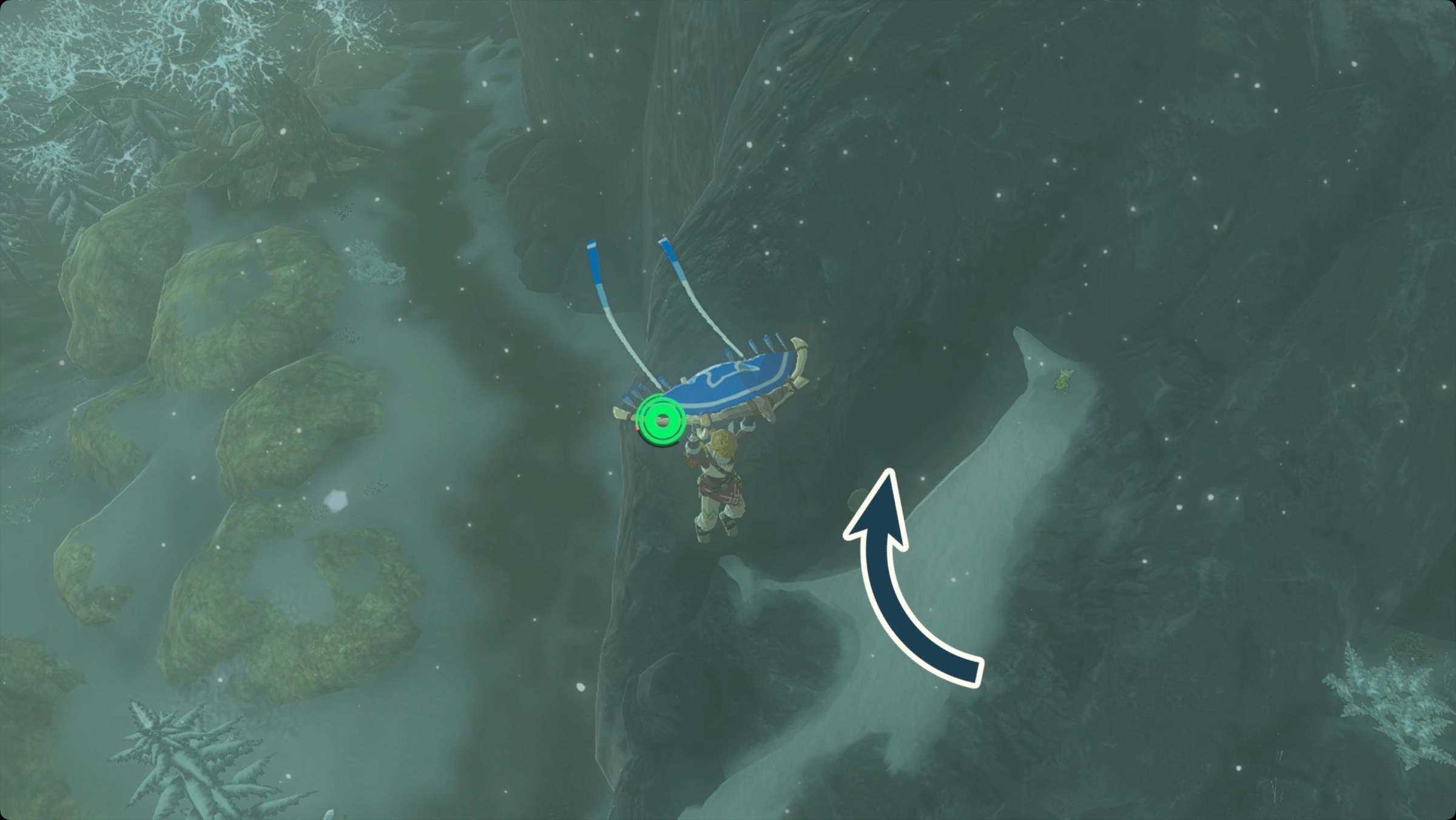 The Legend of Zelda: Tears of the Kingdom Link paragliding down to West Lake Totori Cave.