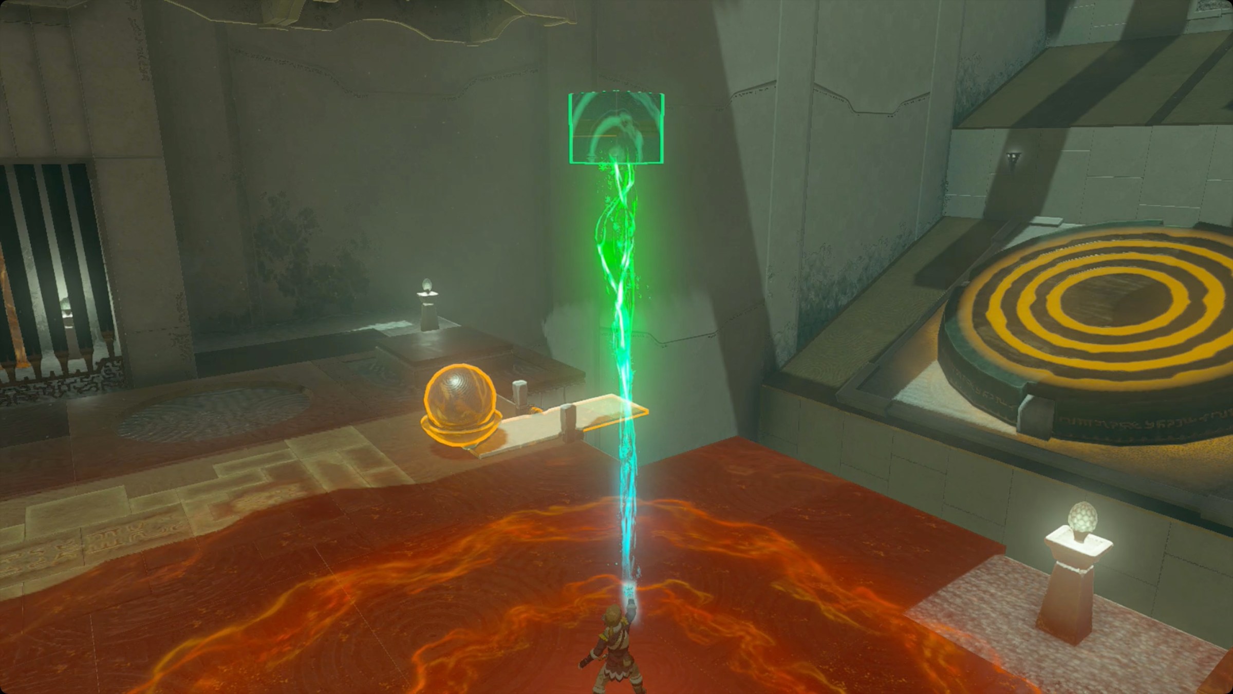 The Legend of Zelda: Tears of the Kingdom Link preparing to catapult a ball at a target in Wao-os Shrine.