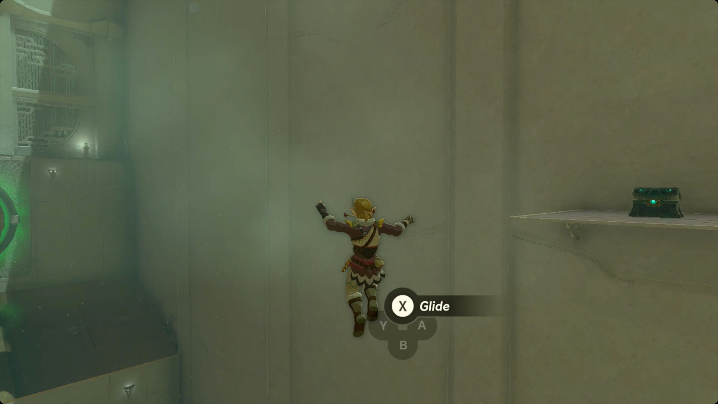 The Legend of Zelda: Tears of the Kingdom Link after getting launched in Wao-os Shrine with a chest off to his right.