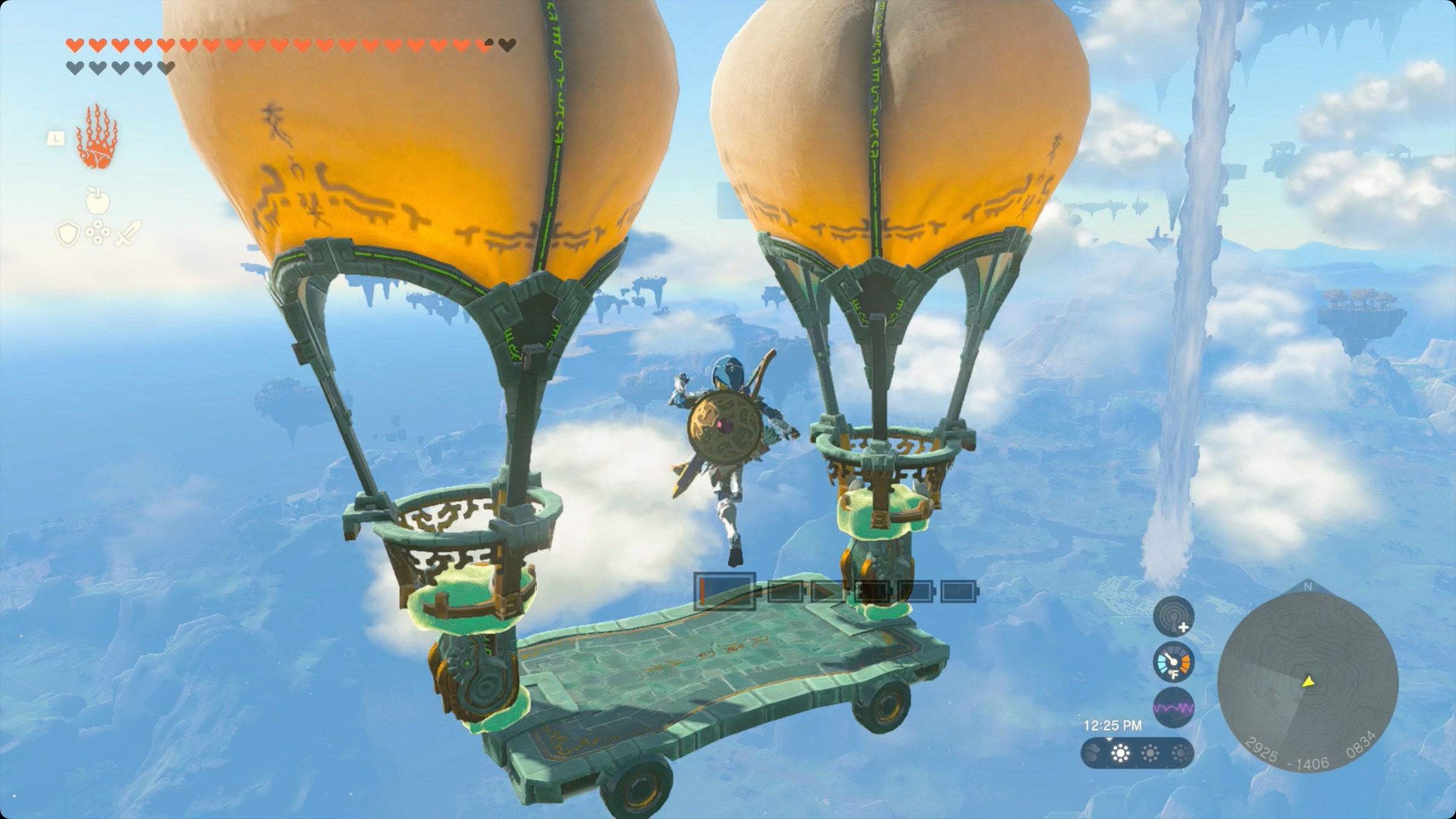 The Legend of Zelda: Tears of the Kingdom Link riding a hot air balloon up toward Yansamin Shrine