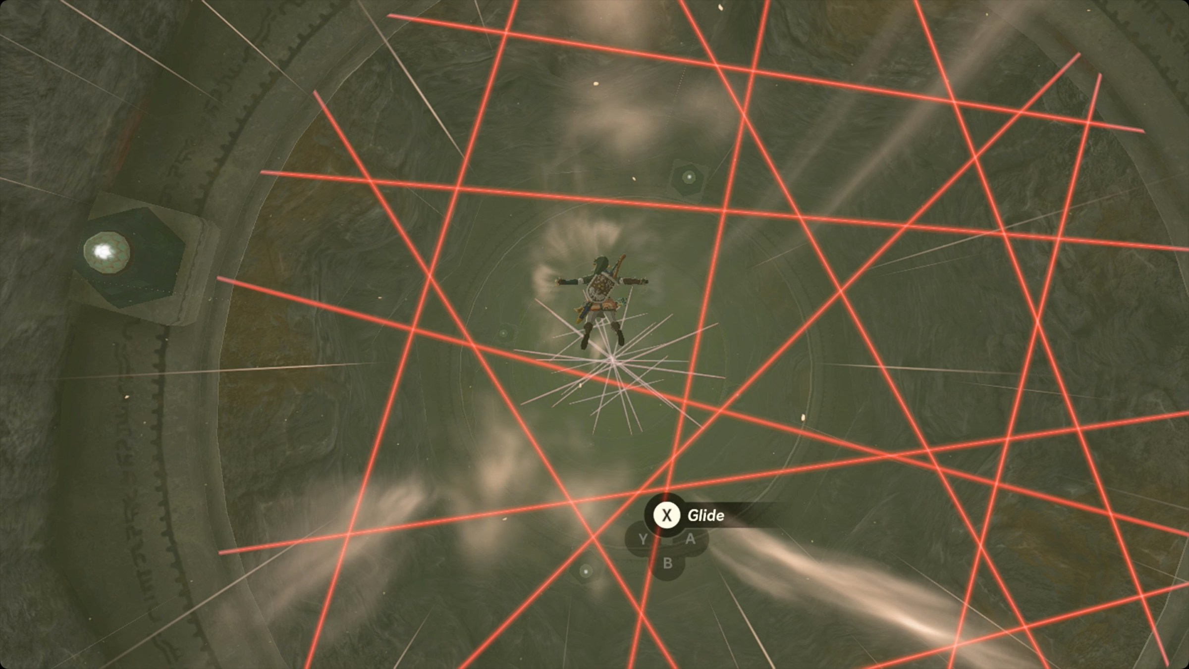 The Legend of Zelda: Tears of the Kingdom Link skydiving through laser grids on Zonaite Forge Island