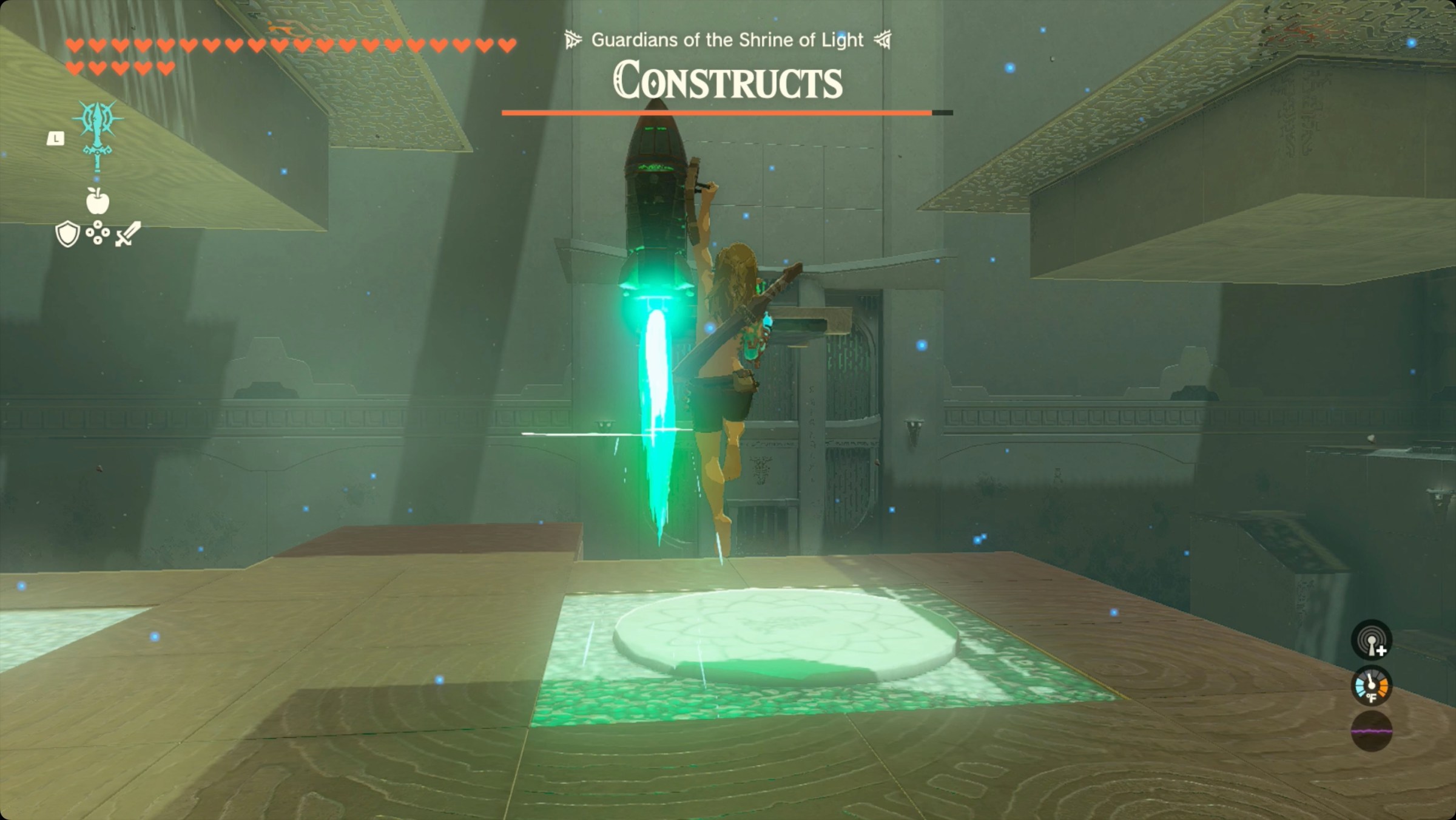 The Legend of Zelda: Tears of the Kingdom Link using a rocket shield to fly in Yansamin Shrine