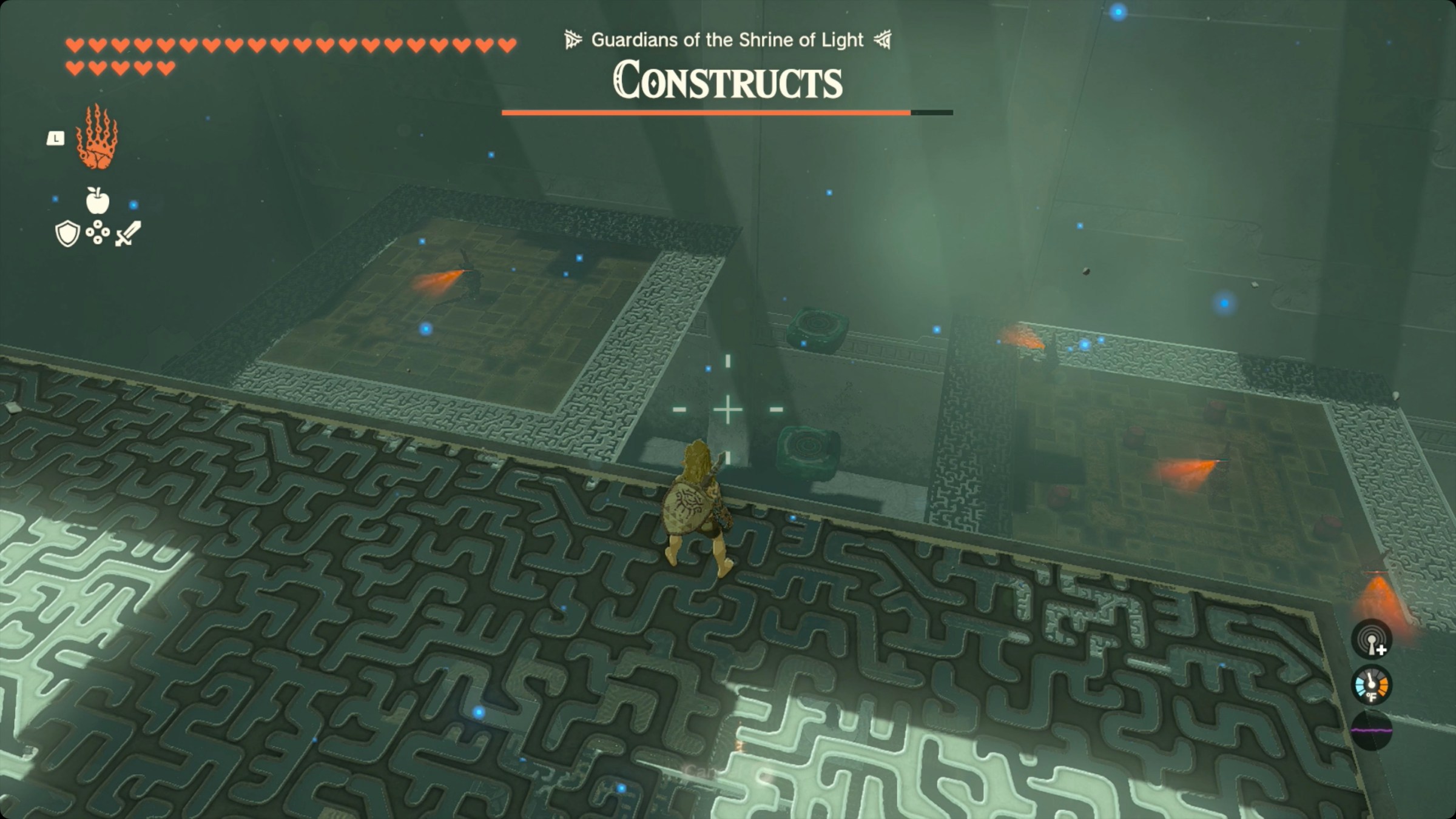 The Legend of Zelda: Tears of the Kingdom Link looking down at the remaining Constructs in Yansamin Shrine