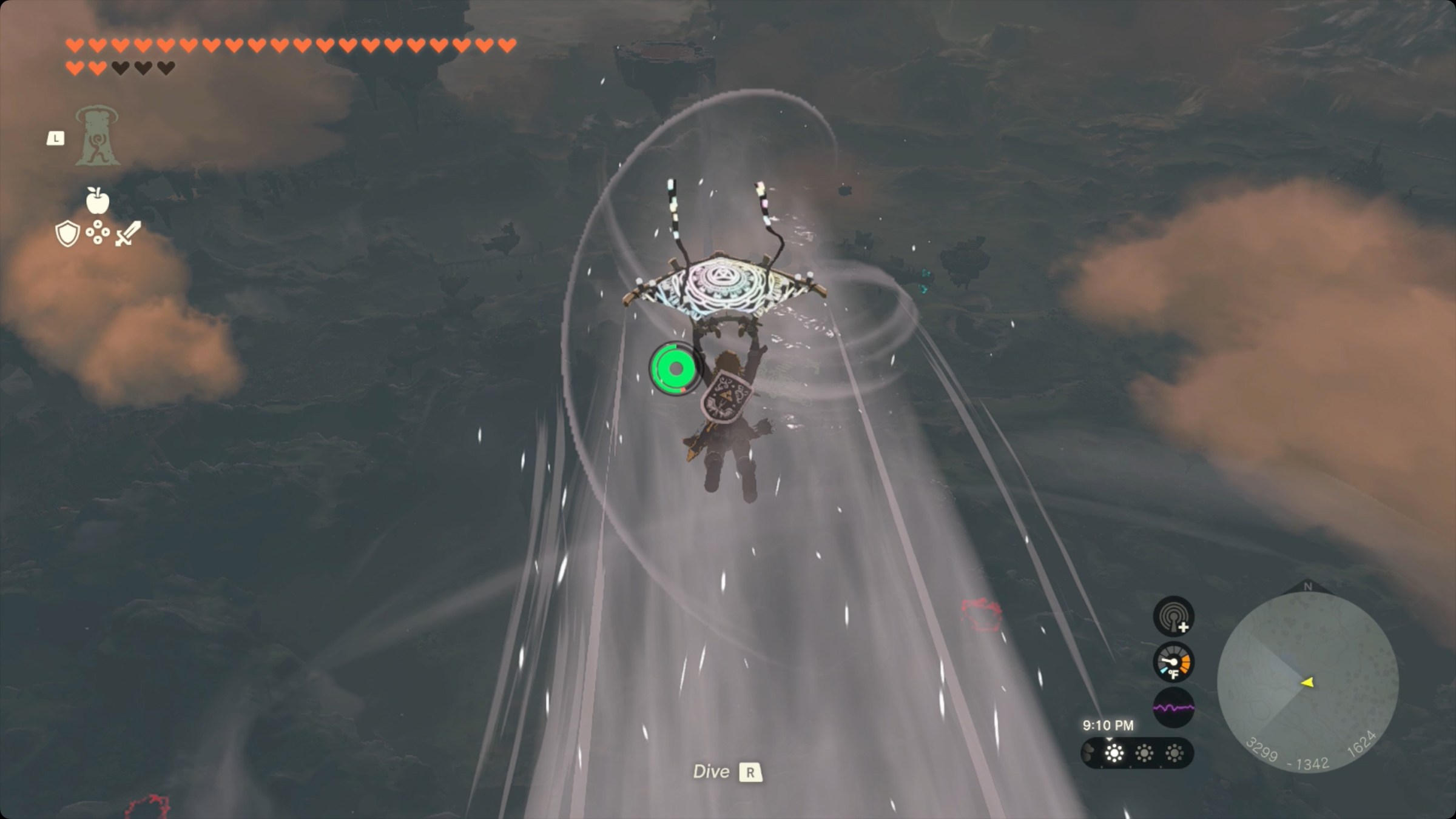 The Legend of Zelda: Tears of the Kingdom Link using Tulin’s Gust ability to paraglide toward Yansamin Shrine