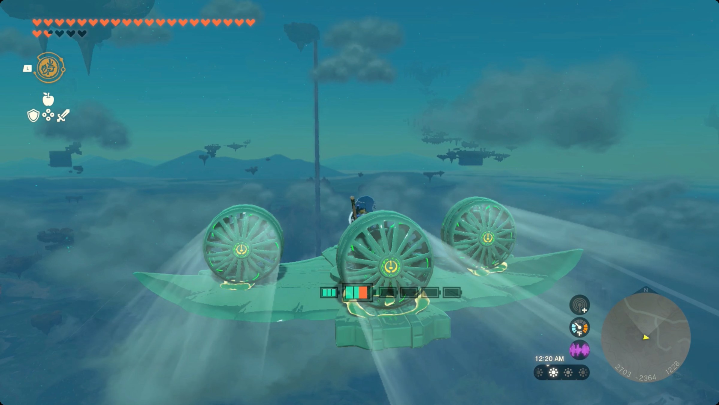 The Legend of Zelda: Tears of the Kingdom Link flying on a Zonai Fanplane to reach Yansamin Shrine