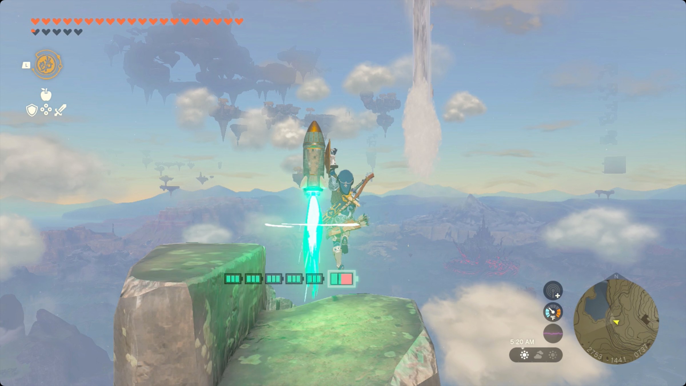 The Legend of Zelda: Tears of the Kingdom Link using a rocket fused to his shield to approach Yansamin Shrine